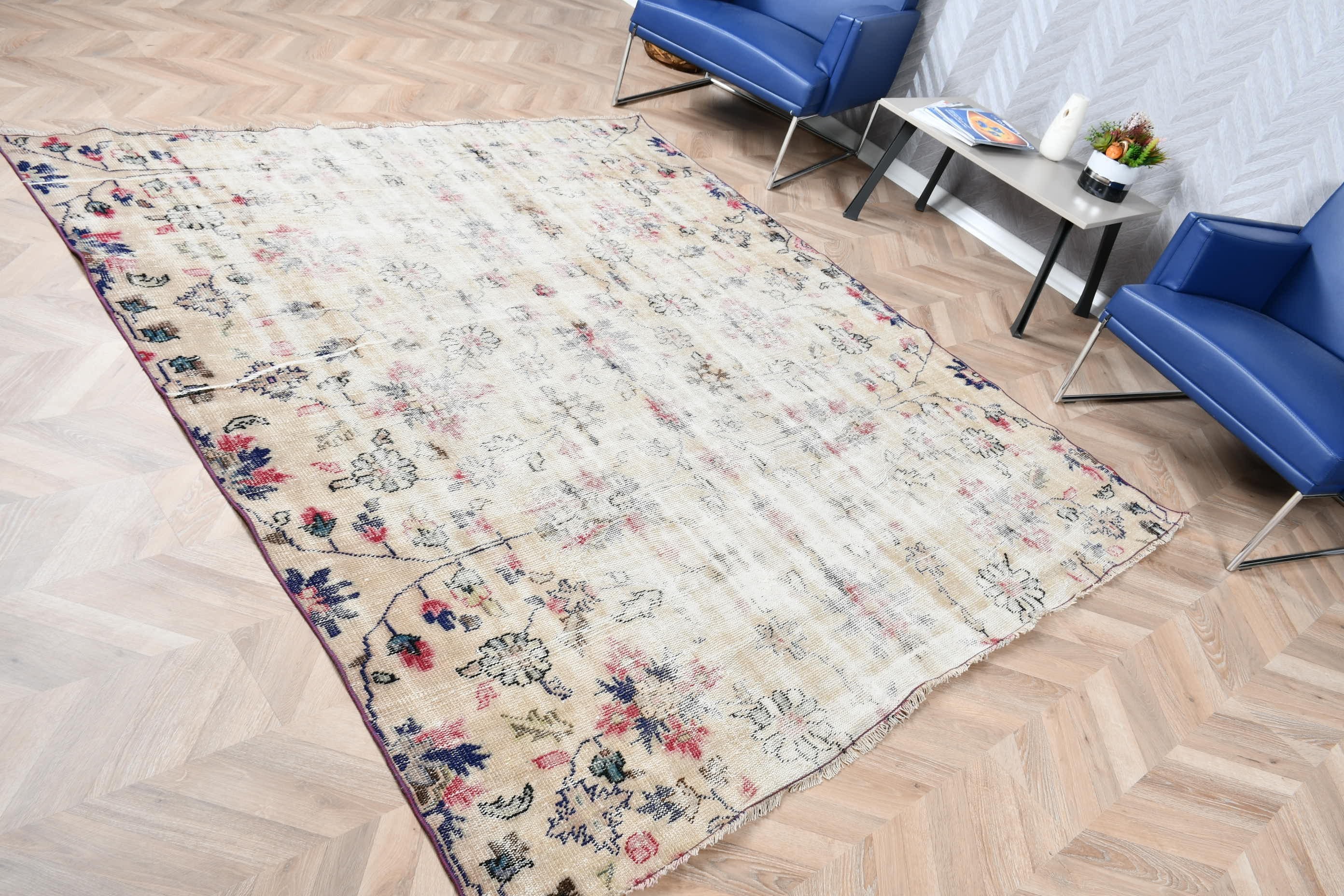 Bedroom Rug, Dining Room Rug, Turkish Rug, Rugs for Bedroom, Beige Antique Rug, Wool Rug, Vintage Rugs, Floor Rug, 6.8x7.3 ft Large Rug