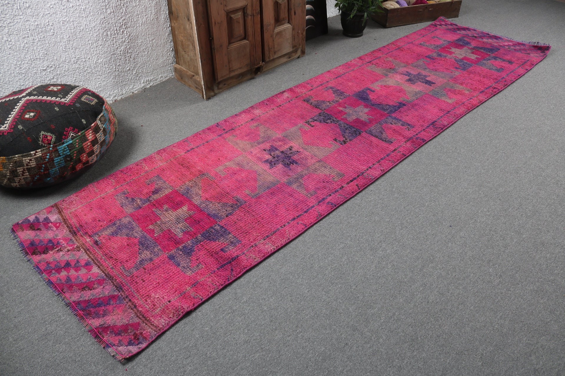 Wool Rug, Beni Ourain Runner Rug, Aztec Rug, Turkish Rugs, Pink Floor Rug, 2.9x11.2 ft Runner Rug, Geometric Rug, Vintage Rug, Hallway Rugs