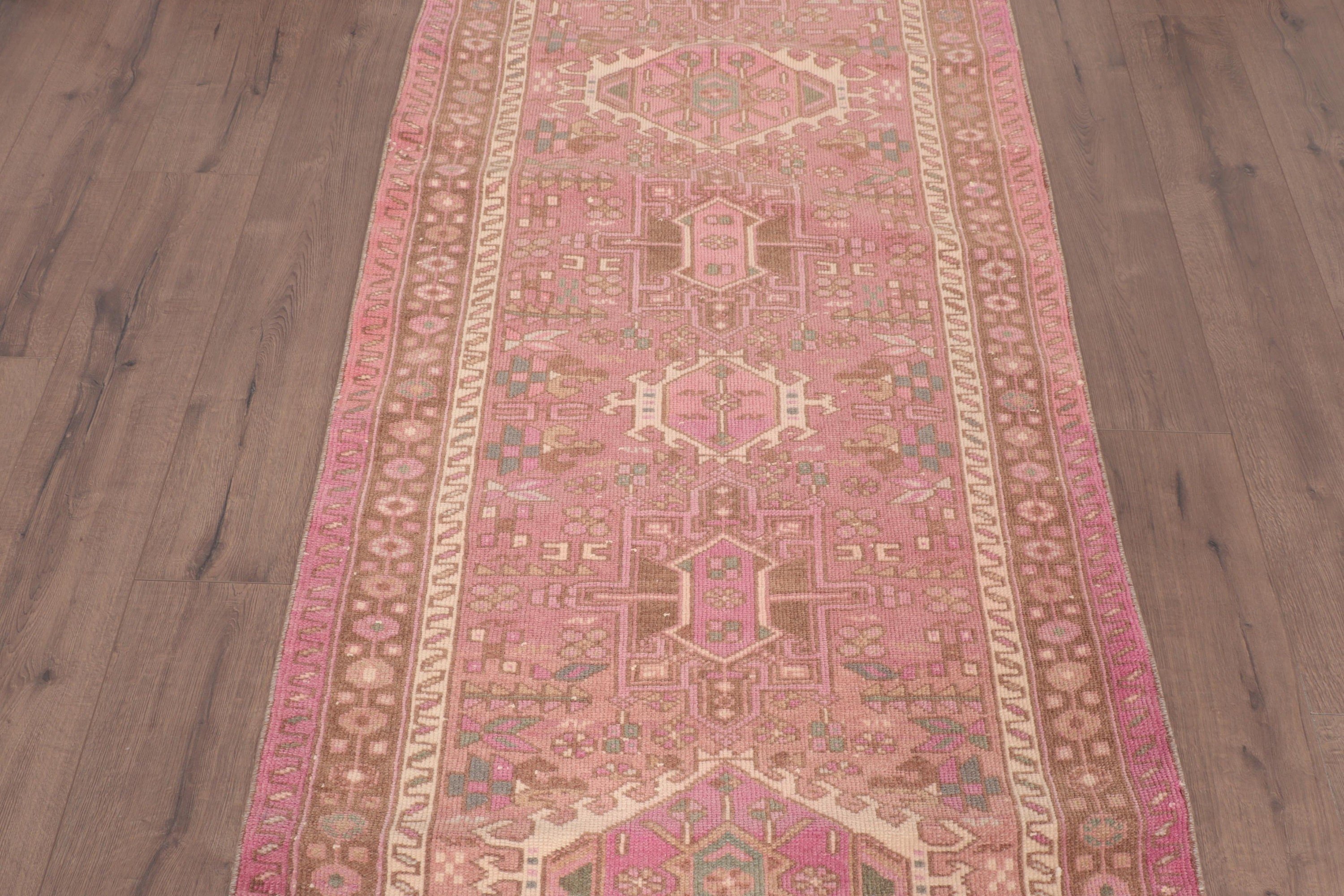 Turkish Rugs, Vintage Rug, Kitchen Rugs, Luxury Rugs, Rugs for Corridor, Aztec Rug, Pink Wool Rugs, Hallway Rug, 3.2x12.5 ft Runner Rug