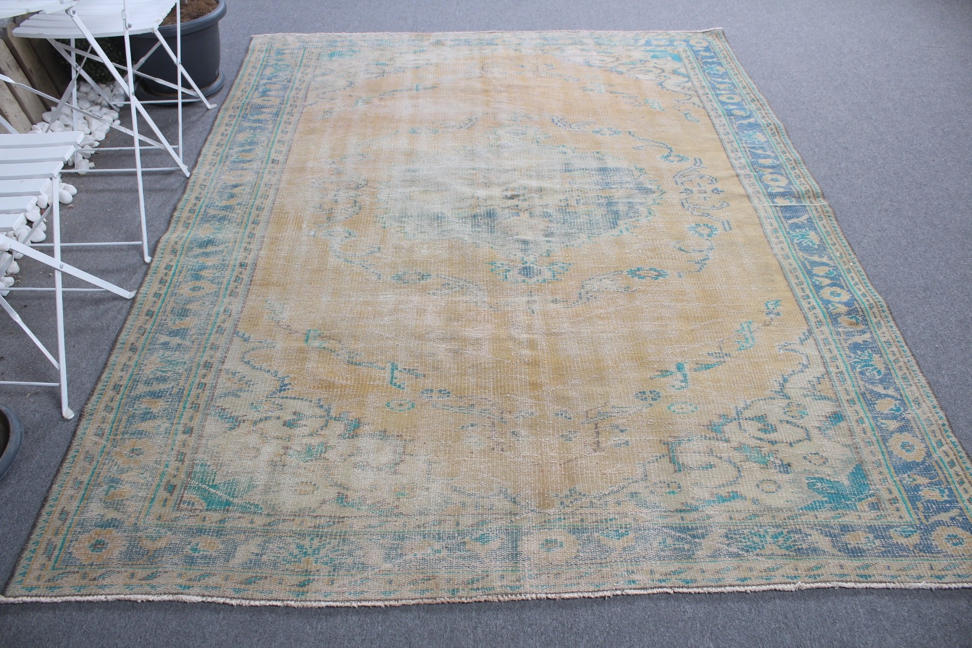 Sarı Havalı Halılar, Mutfak Halıları, Yemek Odası Halıları, Yurt Halısı, 6,4x8,1 ft Büyük Halı, Vintage Halılar, Yatak Odası Halısı, Türk Halısı, Oturma Odası Halısı