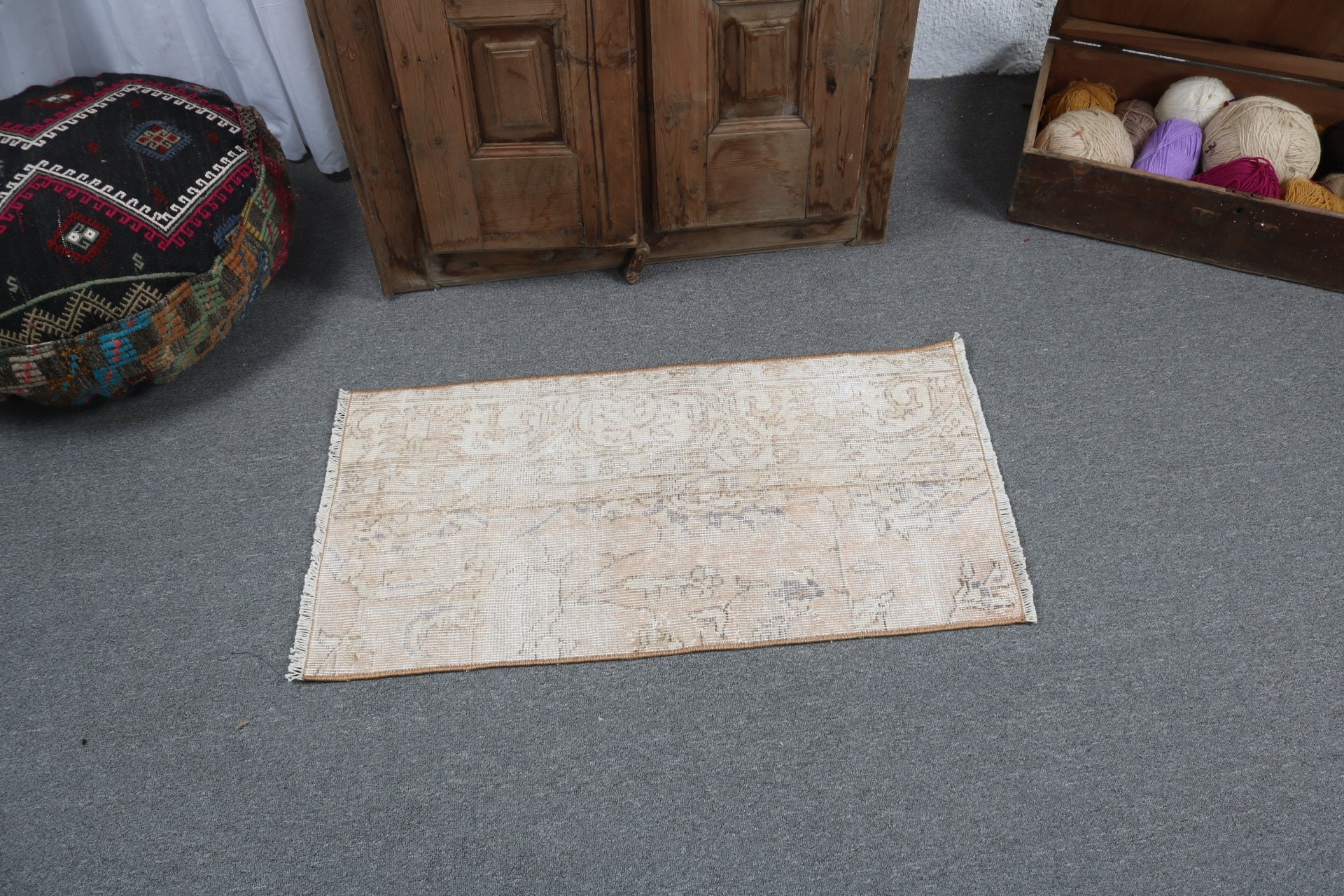 Türk Halısı, 1.6x3.1 ft Küçük Halı, Bej Yatak Odası Halıları, Küçük Vintage Halılar, Kapı Paspası Halıları, Vintage Halılar, Boho Halı, Oryantal Halılar