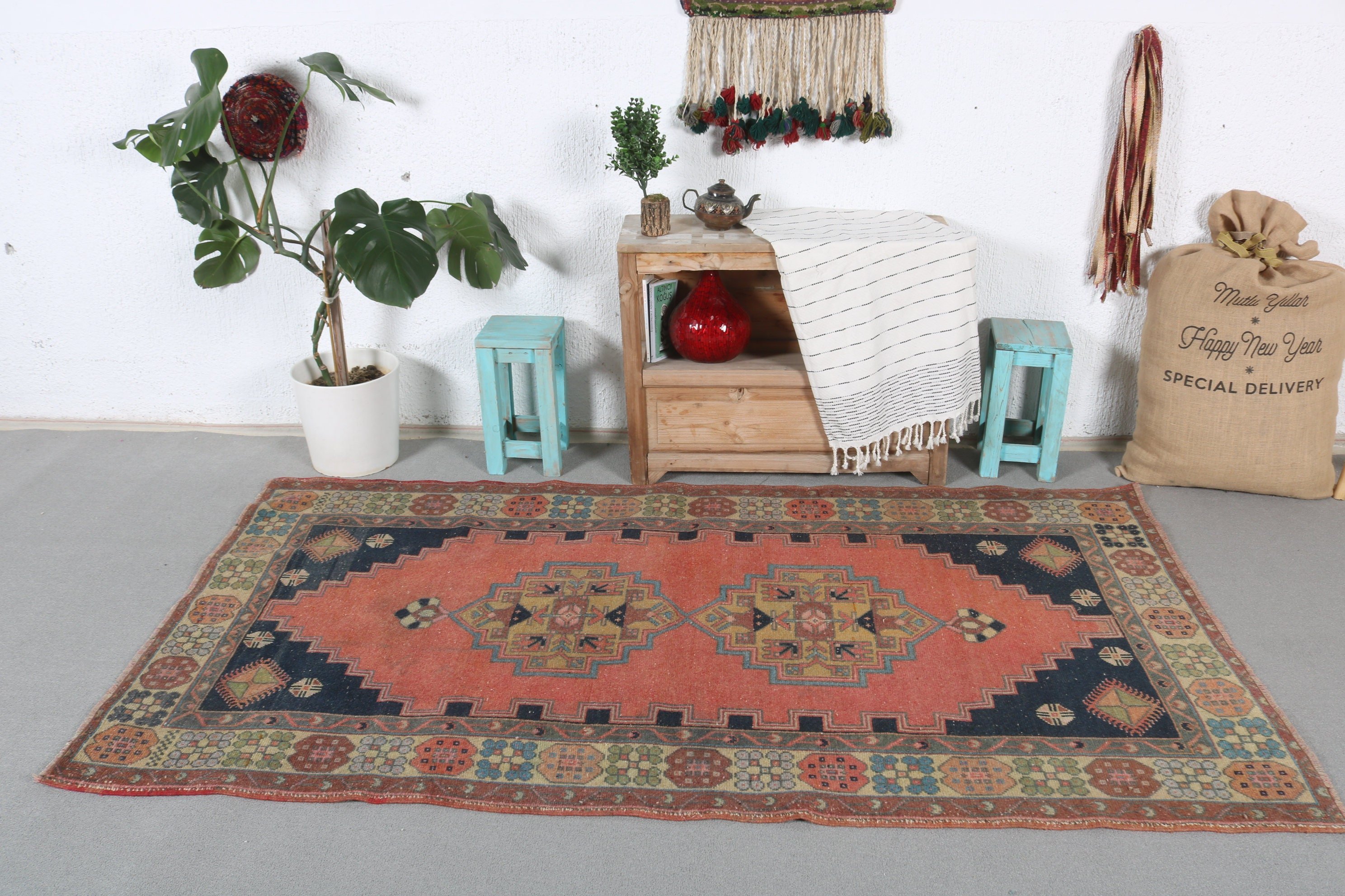 Vintage Rug, Floor Rug, Rugs for Living Room, Turkish Rug, 3.8x7.2 ft Area Rugs, Red Moroccan Rug, Turkey Rug, Antique Rugs, Bedroom Rug