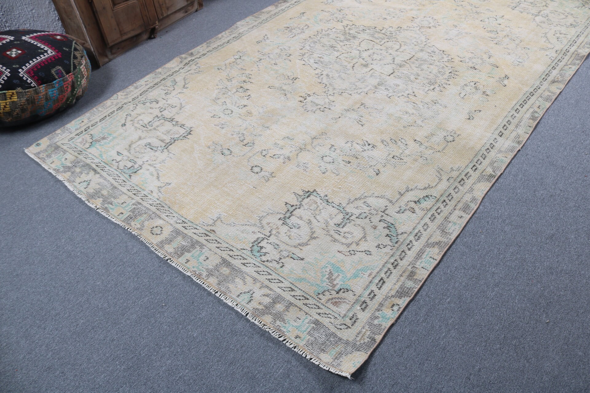 Oturma Odası Halısı, Vintage Halılar, El Dokuma Halılar, Sarı Nötr Halılar, 5.9x9.9 ft Büyük Halılar, Türk Halısı, Büyük Oushak Halıları, Antika Halı