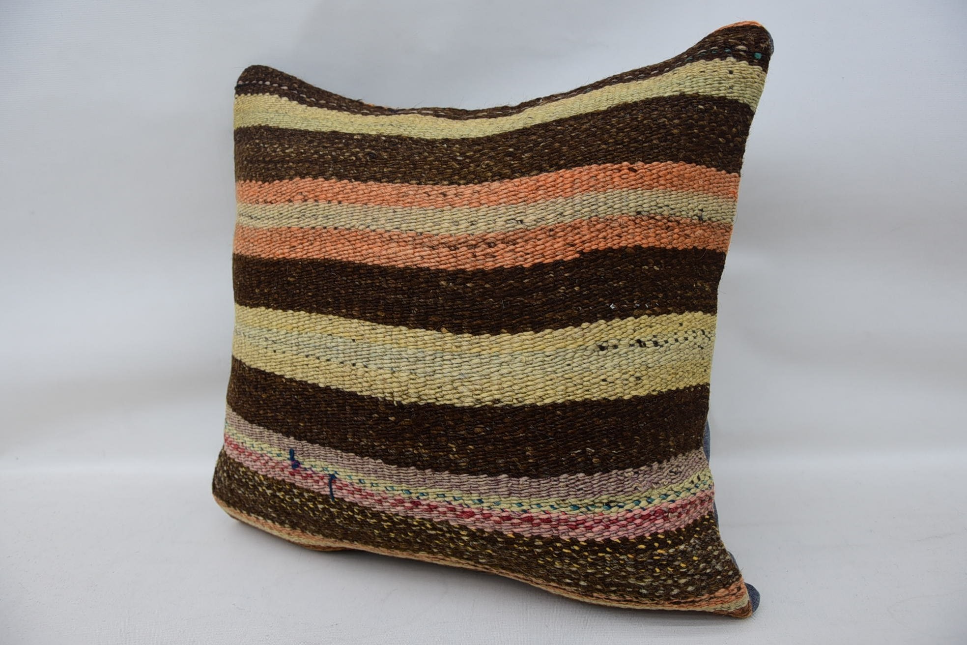 Handwoven Pillow Cover Cushion Case, Handmade Kilim Cushion, 16"x16" Brown Pillow Sham, Throw Kilim Pillow, Turkish Kilim Pillow