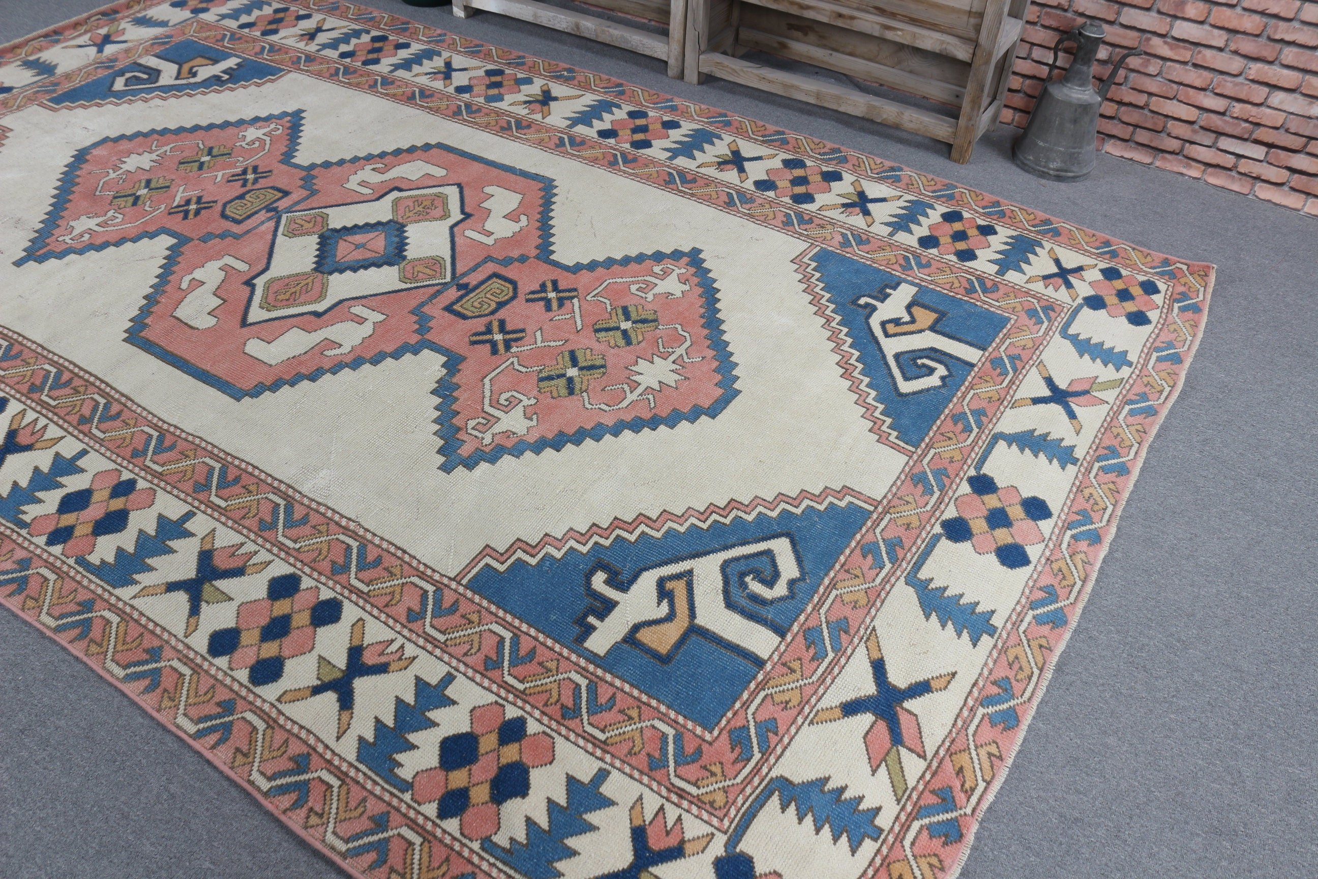 Aztek Halıları, Türk Halısı, Yemek Odası Halısı, Geometrik Halılar, Vintage Halı, 6.4x10 ft Büyük Halı, Yer Halısı, Mavi Düz Dokuma Halılar, Büyük Boho Halılar