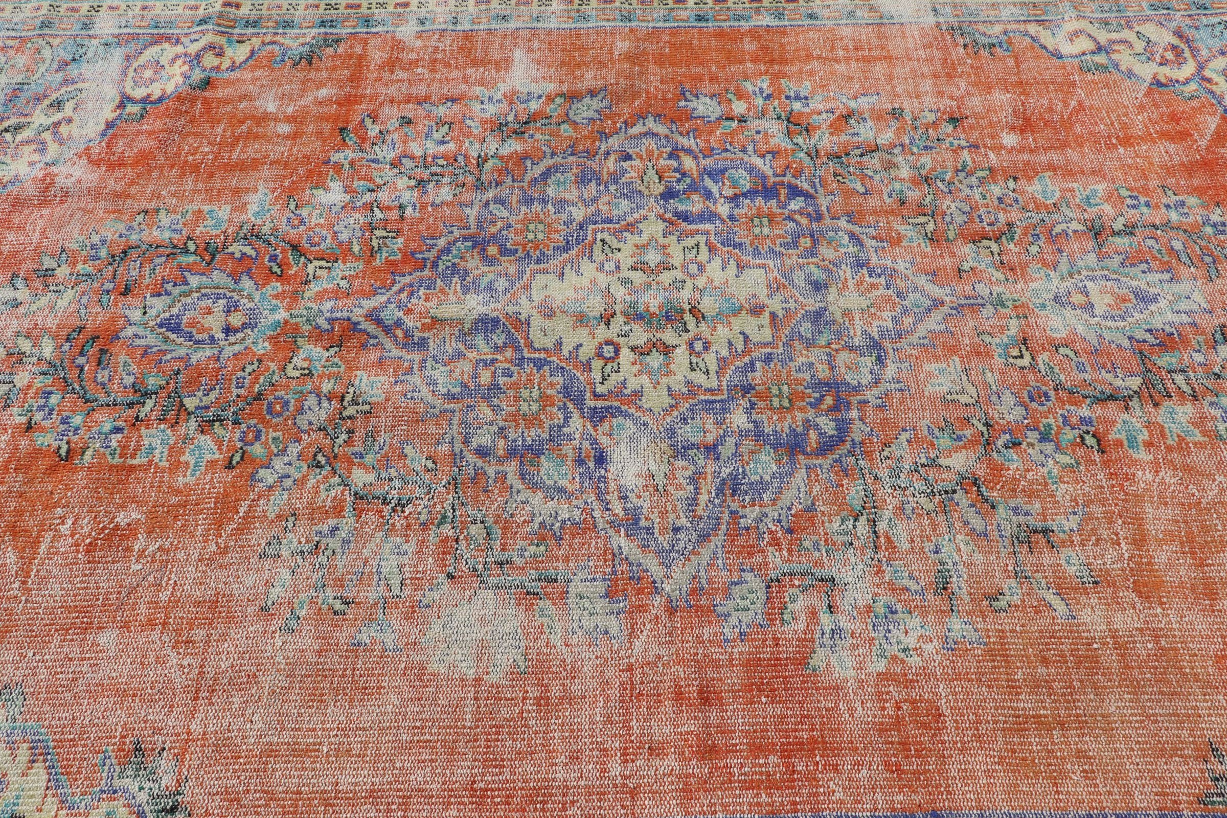 Turkish Rugs, Orange Oriental Rugs, Vintage Rug, Kitchen Rug, Living Room Rugs, Saloon Rug, 7.3x11.2 ft Oversize Rugs