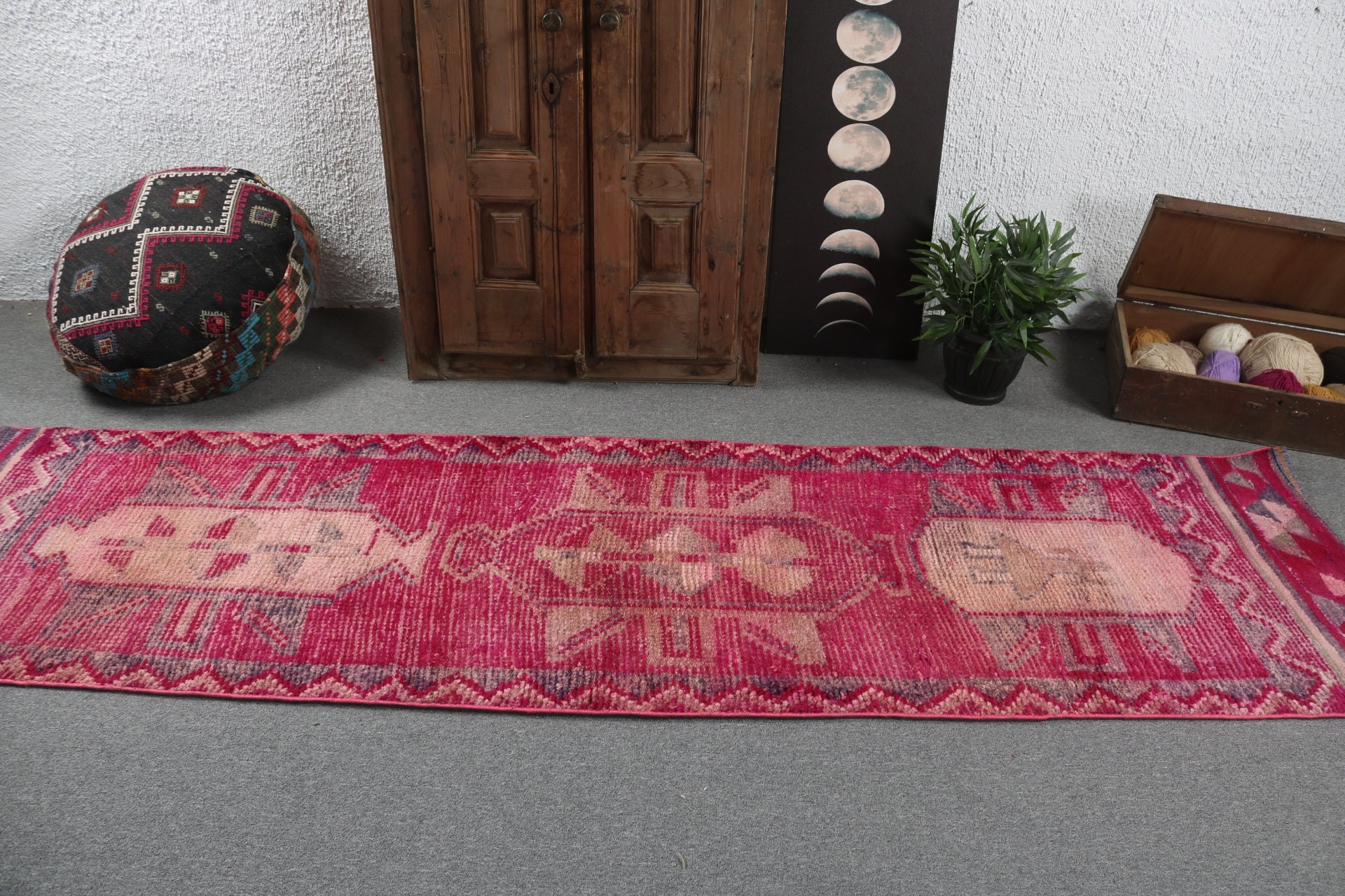 Uzun Koşucu için Halılar, 2.6x10.2 ft Runner Halıları, Mutfak Halıları, Vintage Halı, Türk Halıları, Geometrik Halı, Pembe Geometrik Halılar, Yer Halısı