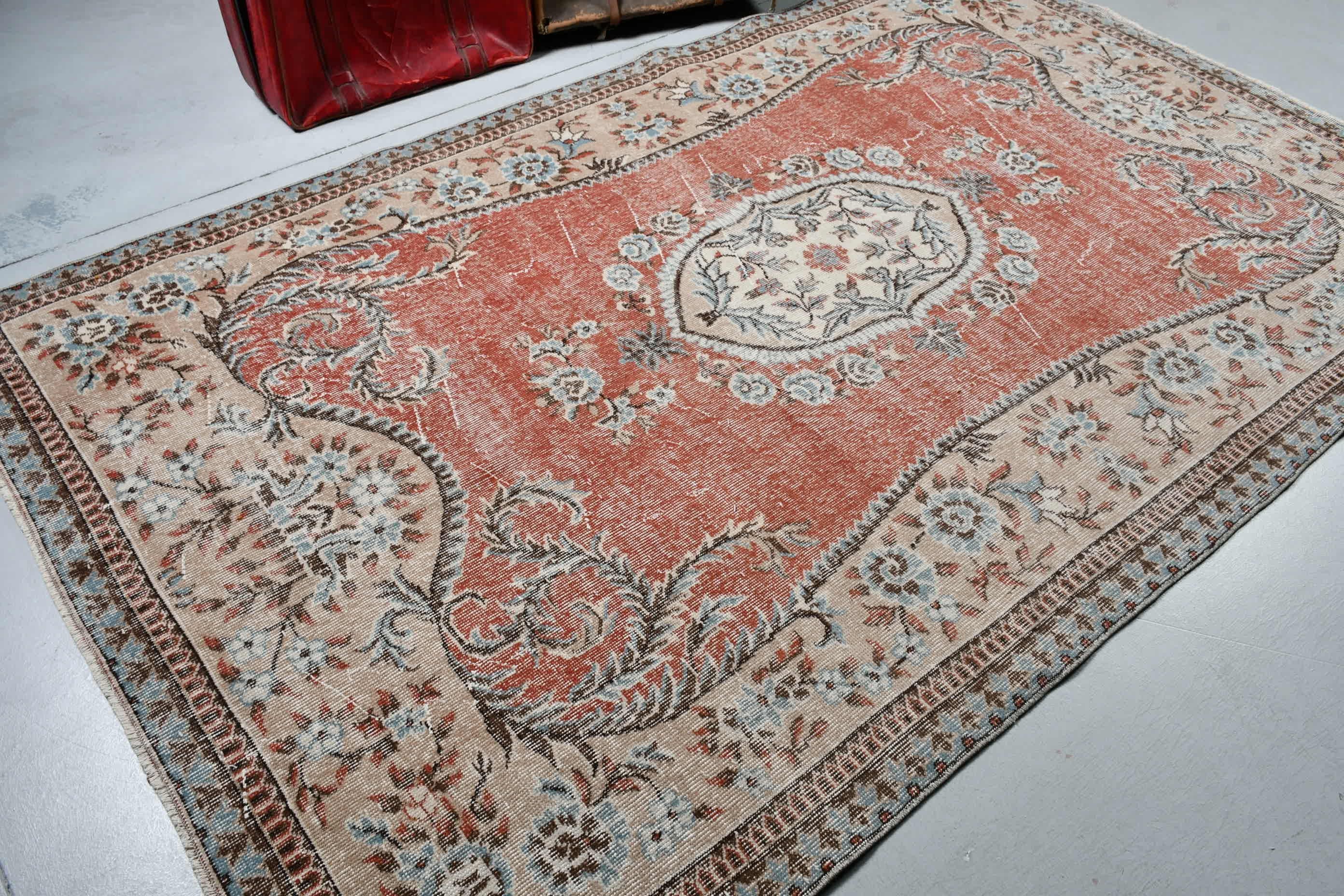 Bedroom Rug, Red Floor Rug, Wool Rug, Rugs for Bedroom, Oushak Rug, Living Room Rug, Vintage Rugs, Turkish Rug, 5.6x9.4 ft Large Rug