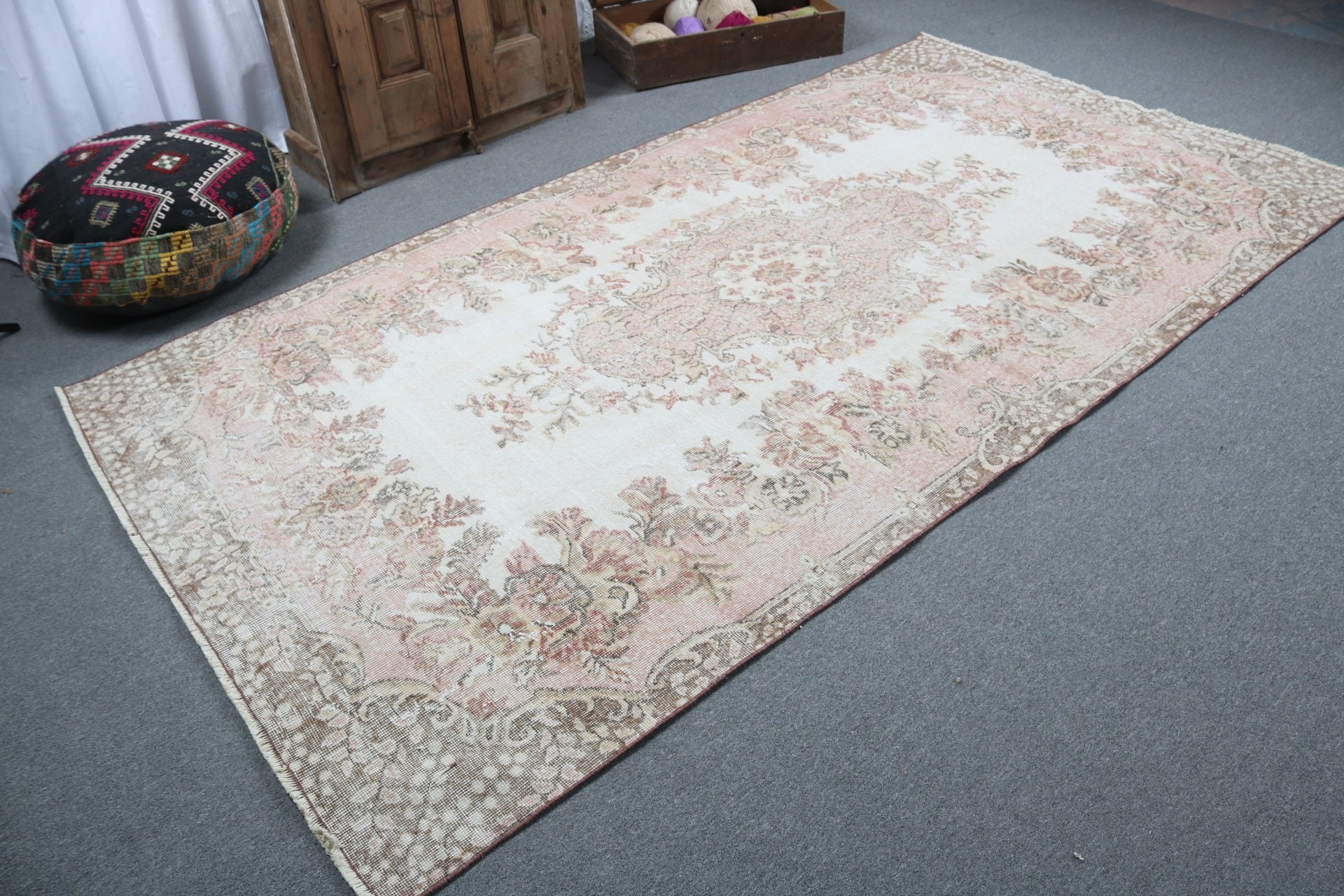 Yer Halıları, 5.1x9.5 ft Büyük Halılar, Boho Halı, Büyük Oushak Halı, Vintage Halı, Pembe Açıklama Halıları, Türk Halıları, Büyük Vintage Halı