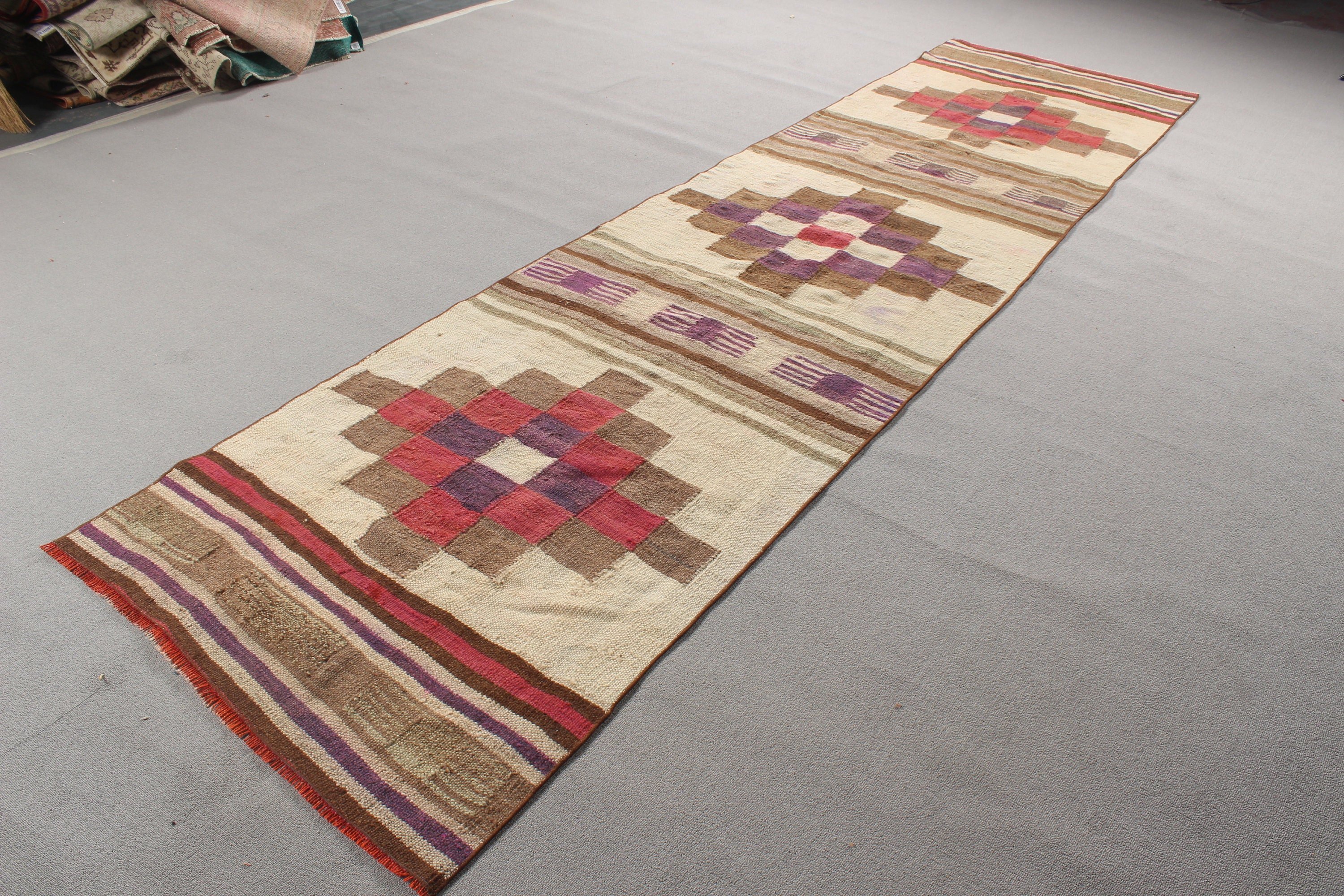 Lüks Halılar, Bej El Dokuma Halılar, Düz Dokuma Halı, 3,2x12,6 ft Runner Halı, Vintage Halı, Türk Halısı, Kilim, Koridor Halıları, El Dokuma Halılar