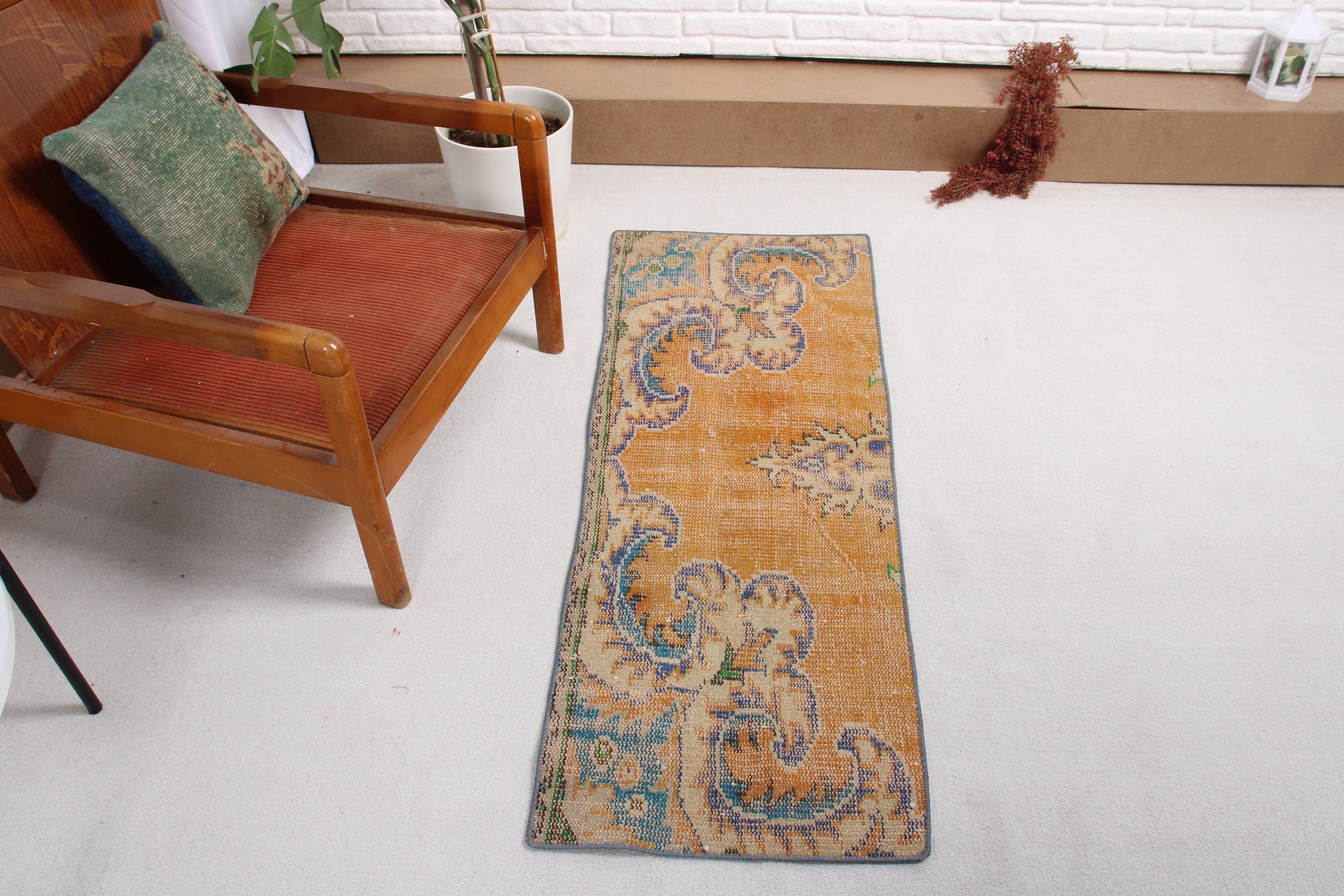 Bath Rug, Vintage Rugs, Wool Rug, Bedroom Rug, Moroccan Rug, 1.7x4.6 ft Small Rugs, Turkish Rugs, Orange Antique Rug, Rugs for Nursery