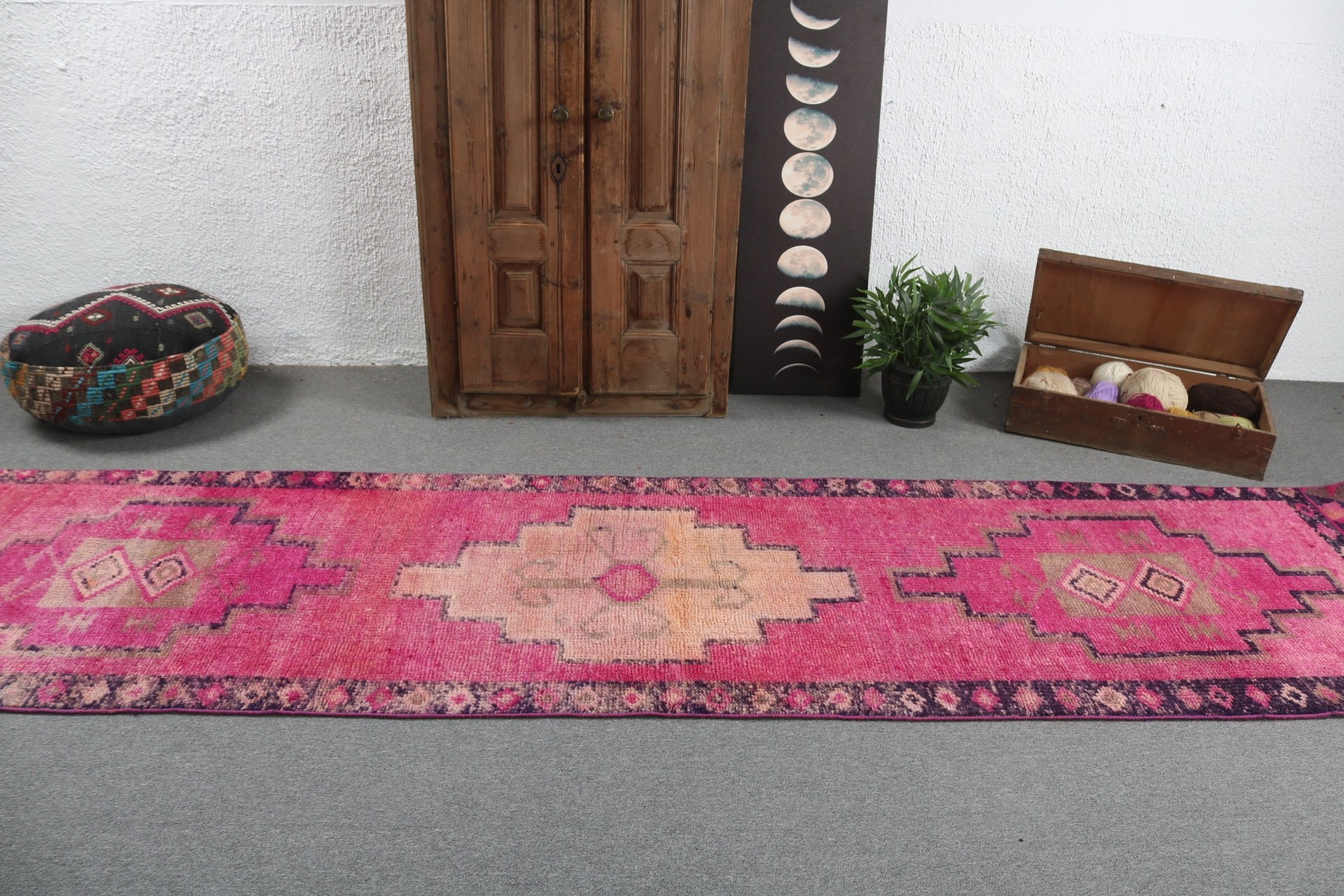 Vintage Rug, Decorative Rugs, 3.2x12.7 ft Runner Rug, Rugs for Stair, Turkish Rugs, Pink Statement Rug, Anatolian Rug, Stair Rug, Wool Rug