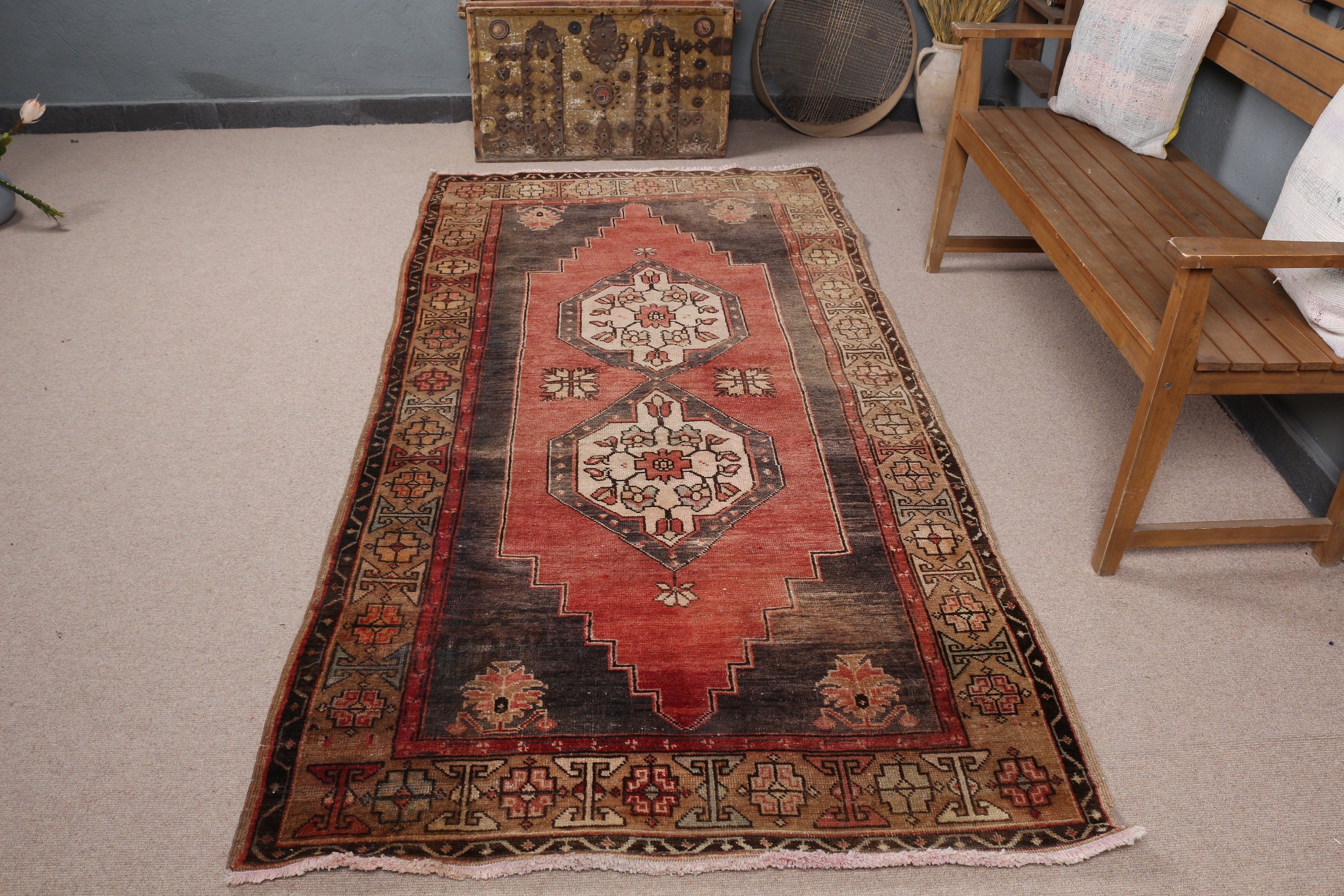 Vintage Rug, Bedroom Rug, 4.1x8 ft Area Rugs, Turkish Rug, Rugs for Floor, Red Antique Rug, Dining Room Rug, Wool Rugs