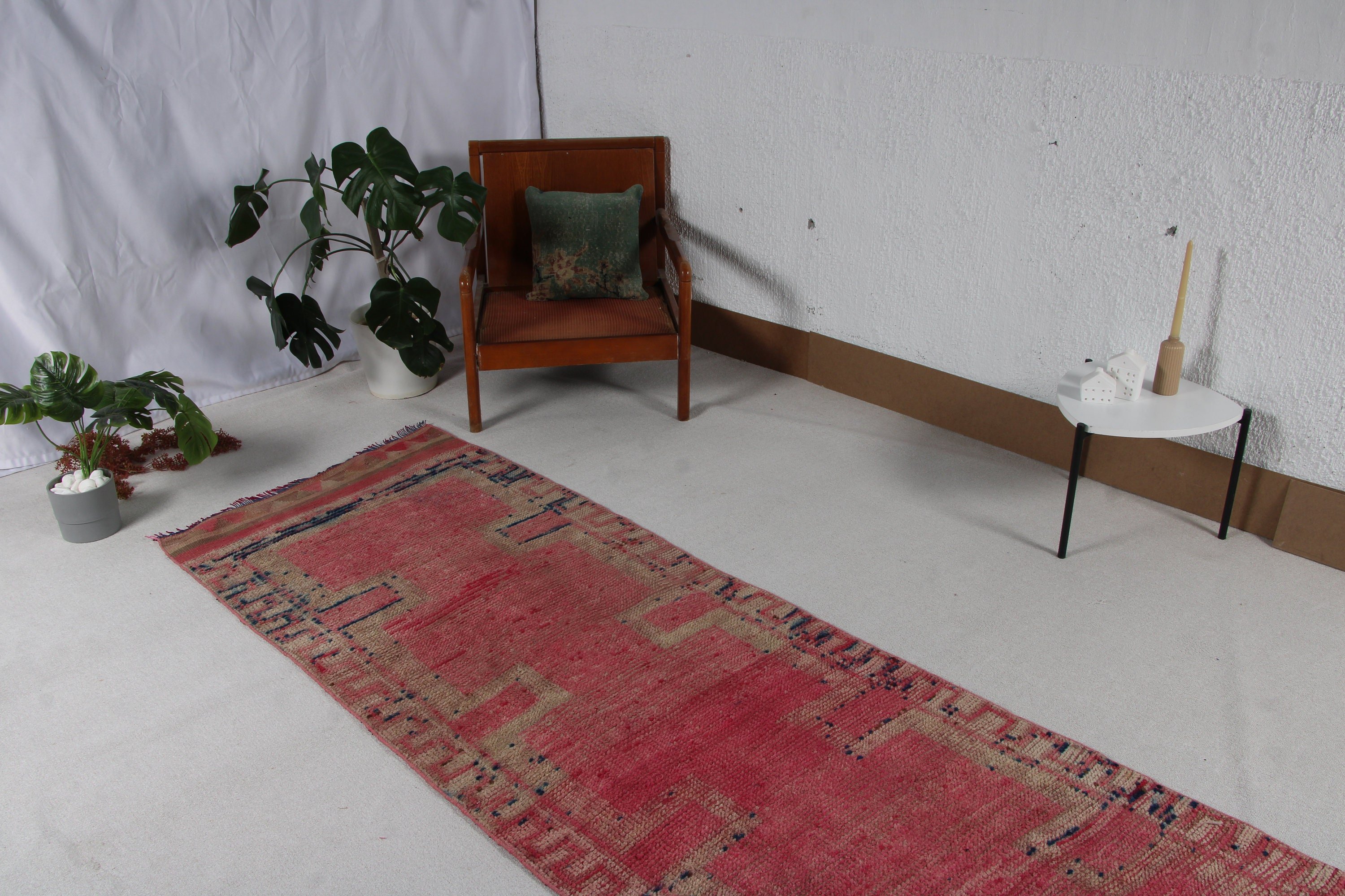 Türk Halıları, Vintage Halı, Pembe Antika Halı, Vintage Runner Halıları, Geometrik Halı, Koridor Halısı, 3.1x9.5 ft Runner Halısı