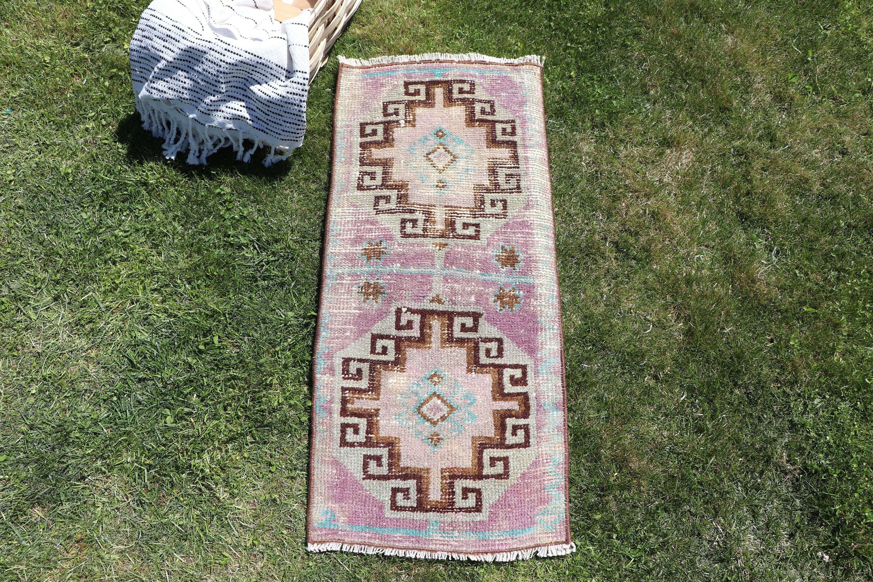 Yün Halı, 1.2x2.8 ft Küçük Halılar, Mor Fas Halıları, Nötr Halı, Duvara Asılı Halı, Banyo Halısı, Türk Halısı, Vintage Halılar, El Yapımı Halı