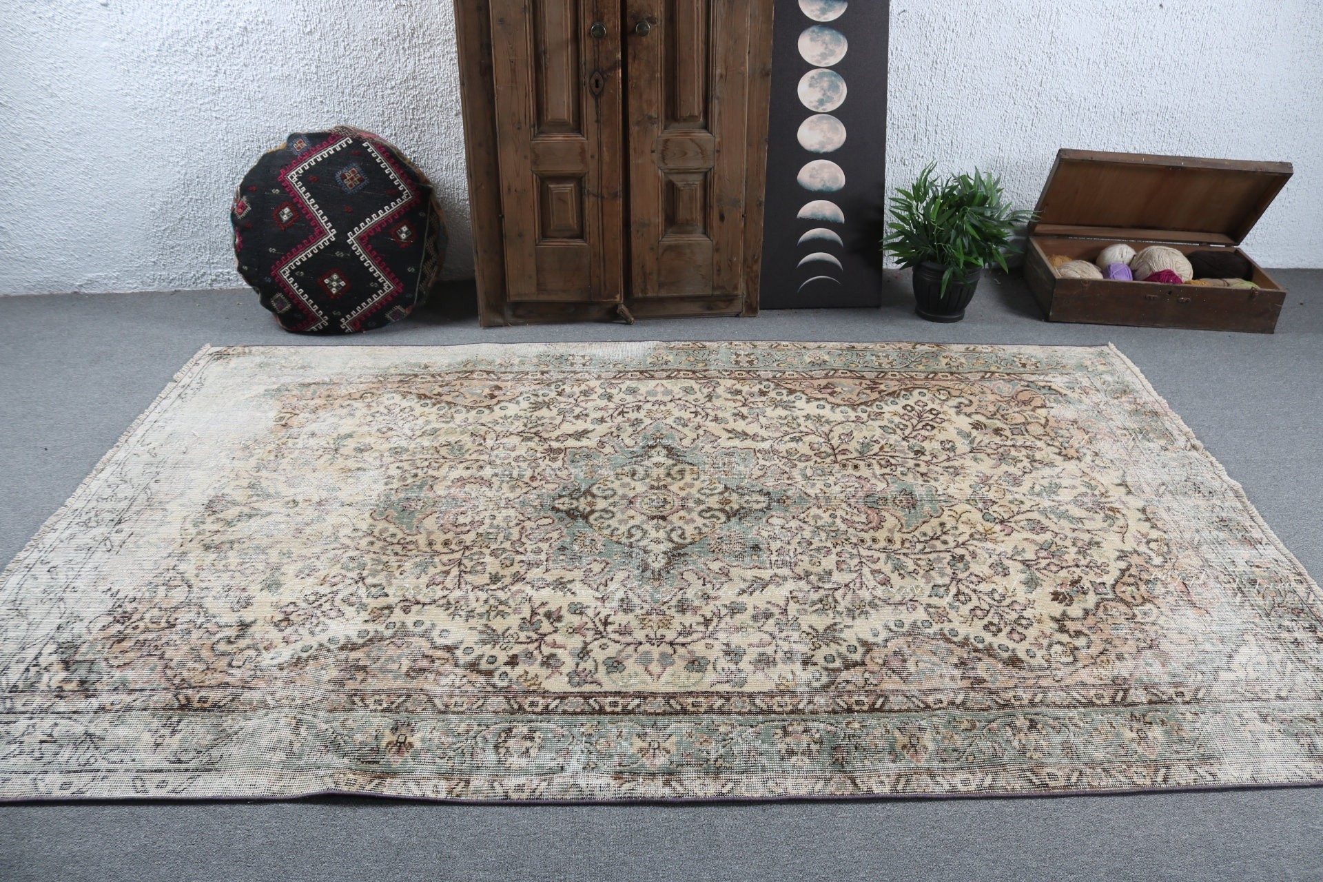 Geometrik Halı, Yer Halıları, Büyük Boho Halısı, Türk Halıları, Vintage Halı, Anadolu Halıları, Yatak Odası Halısı, Yeşil Oryantal Halı, 5.8x9 ft Büyük Halılar