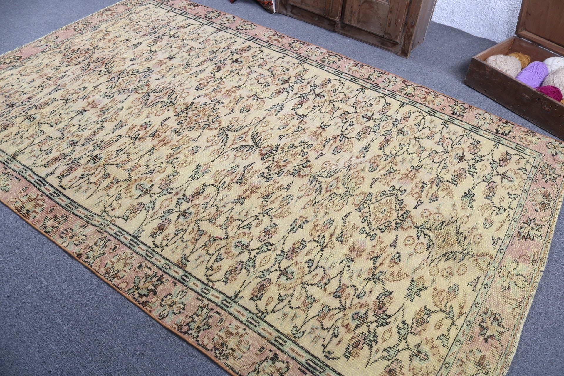 Büyük Vintage Halı, Egzotik Halı, Oturma Odası Halıları, 5.4x8.9 ft Büyük Halılar, Yün Halı, Sarı Boho Halı, Havalı Halılar, Türk Halısı, Vintage Halılar