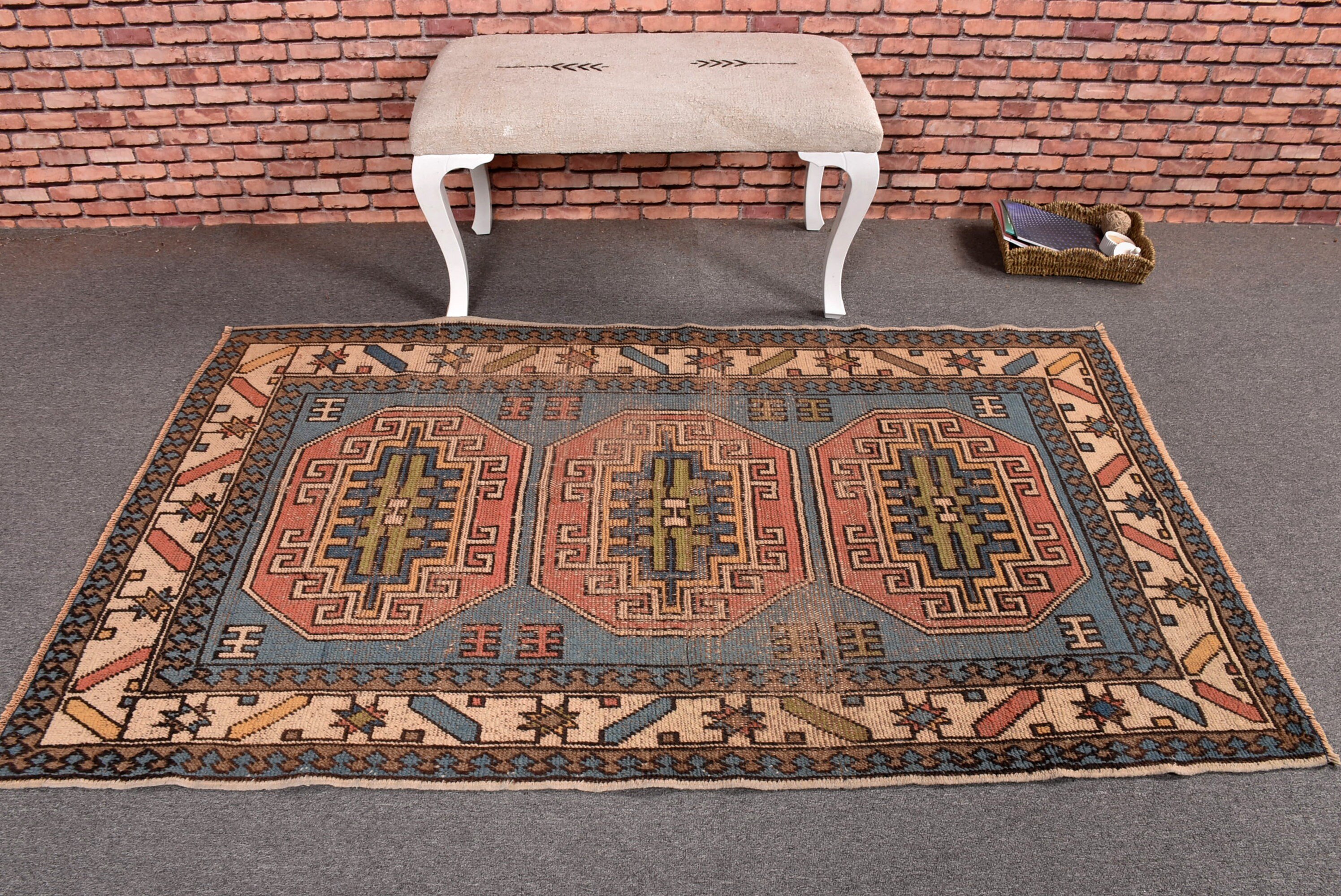 Handmade Rug, Vintage Rug, Vintage Accent Rug, Floor Rugs, Turkish Rugs, 3.7x6.2 ft Accent Rug, Kitchen Rugs, Boho Rug, Blue Home Decor Rug