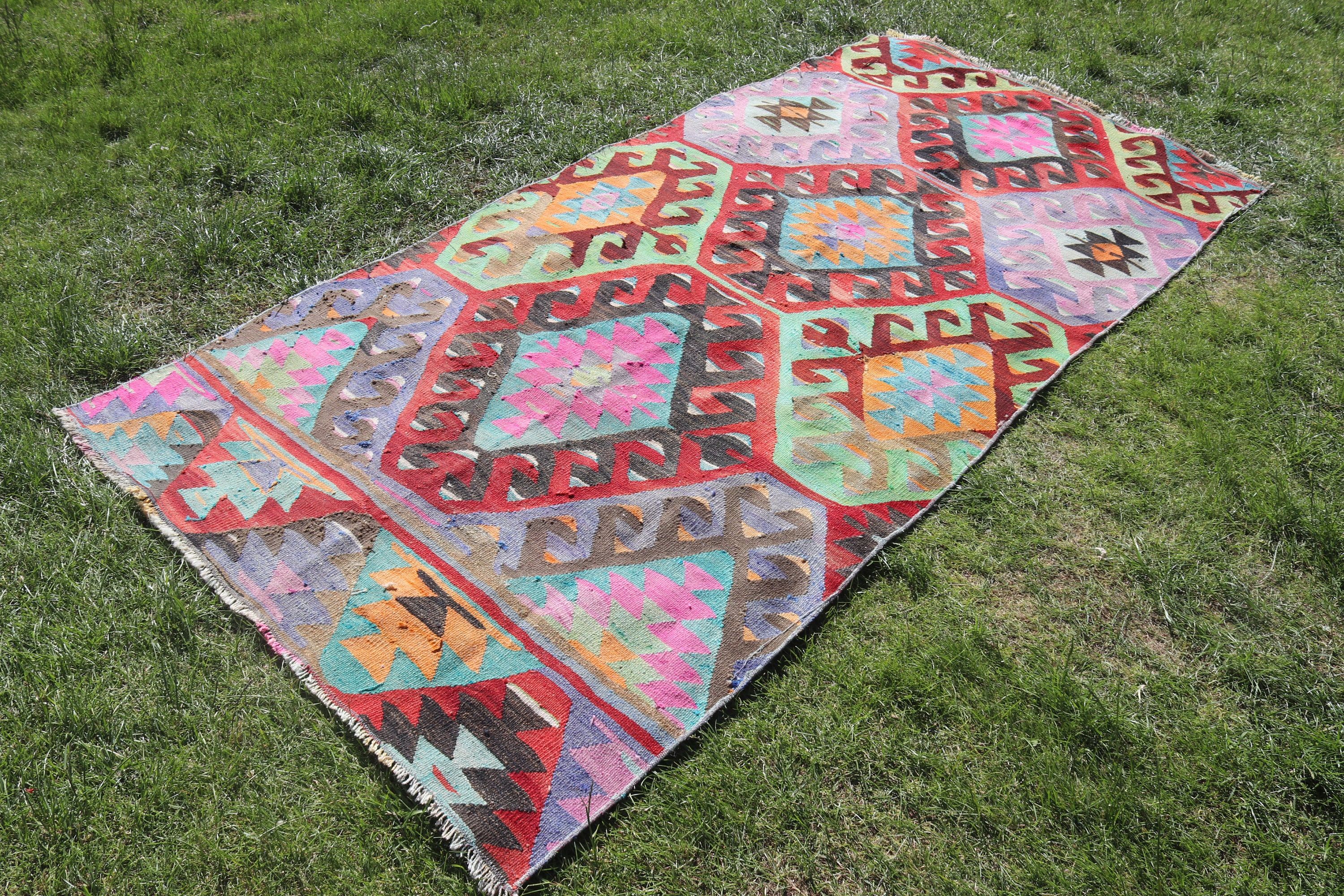 Kilim, Gökkuşağı 4.1x8.8 ft Alan Halısı, Çocuk Halısı, Vintage Halı, Oushak Bölgesi Halıları, Türk Halısı, Yatak Odası Halısı, Ev Dekorasyonu Halısı