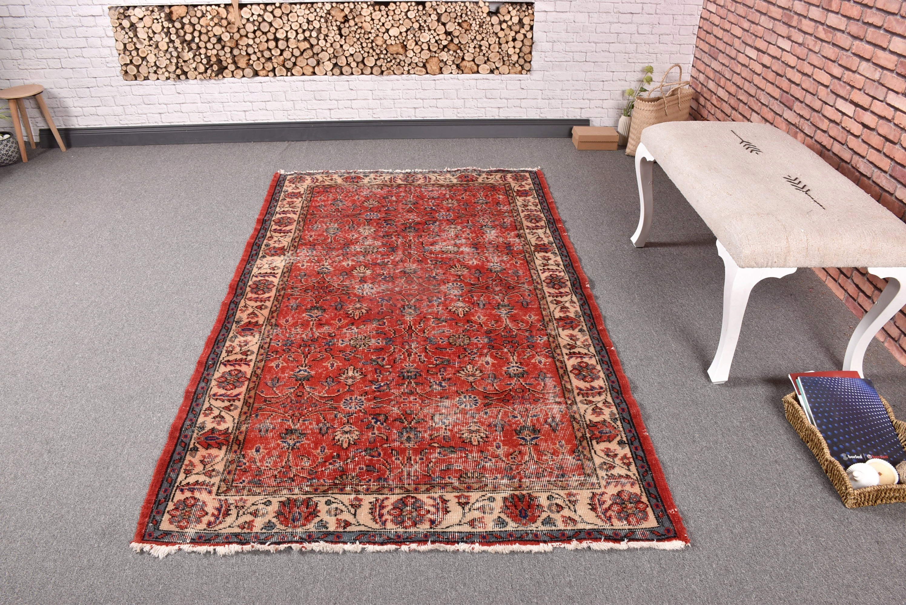 Mutfak Halıları, Kırmızı Modern Halı, 4x6,8 ft Alan Halısı, Çocuk Halıları, Boho Alan Halısı, Türk Halıları, El Dokuma Halılar, Oushak Halıları, Vintage Halı