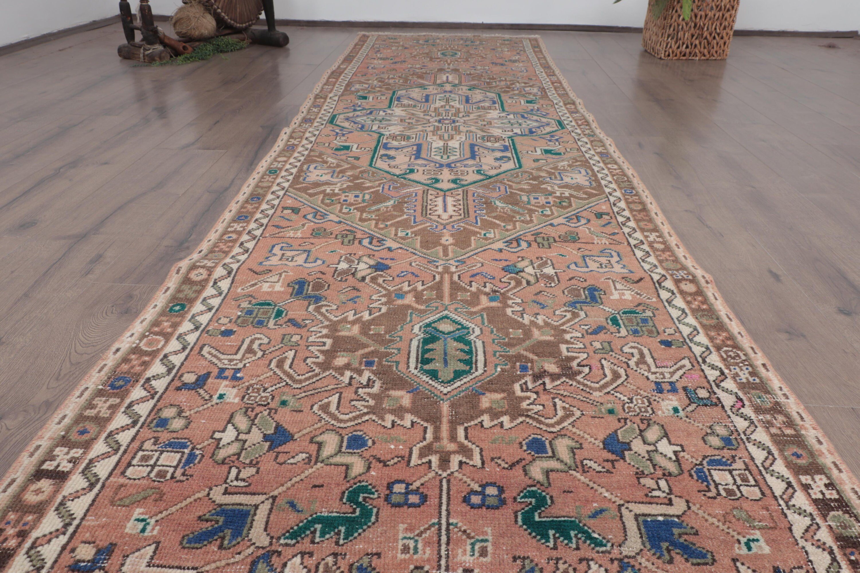 3x11.4 ft Runner Halı, Kahverengi Açıklama Halıları, Vintage Halı, Türk Halıları, Fas Halıları, Mutfak Halısı, Uzun Koşucu Halıları, Oushak Halıları