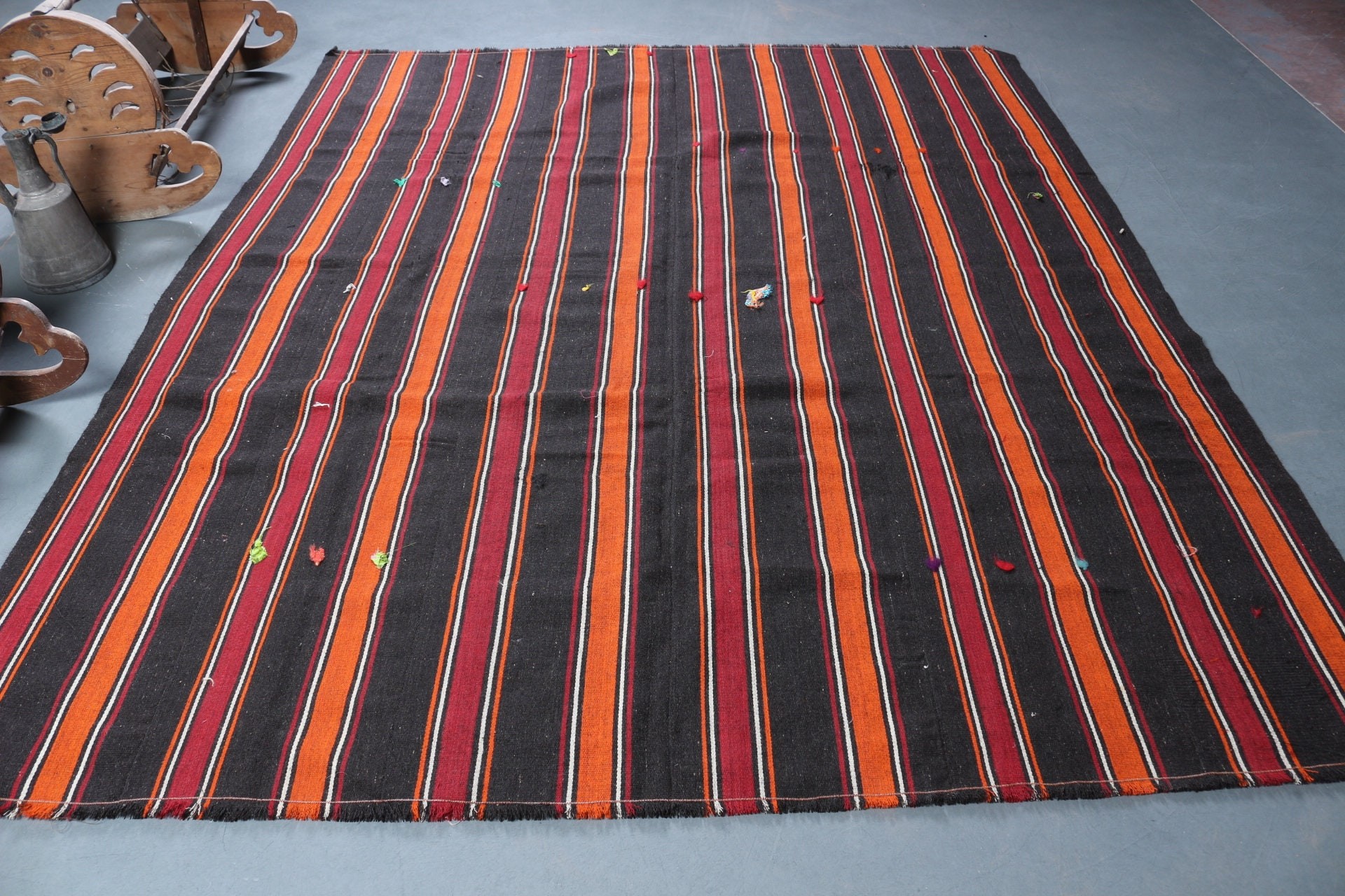 Kilim, Wool Rug, Rugs for Salon, Dining Room Rug, Vintage Rug, 7.3x8.7 ft Large Rugs, Salon Rug, Floor Rug, Black Floor Rug, Turkish Rug