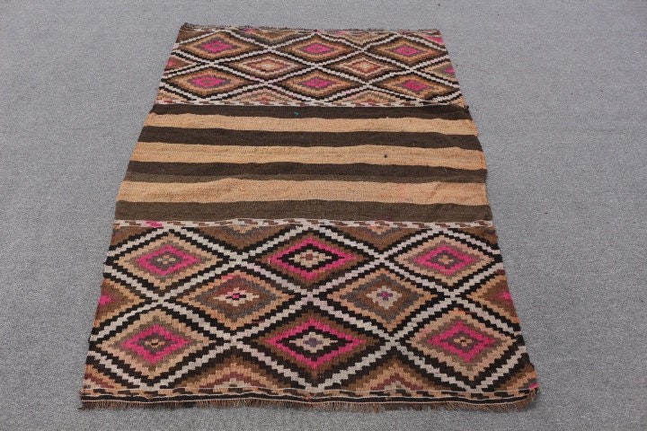 Rugs for Entry, Brown Cool Rug, Kilim, Vintage Rug, Kitchen Rugs, Turkish Rug, 3.7x5.4 ft Accent Rug, Floor Rugs, Boho Rugs, Bedroom Rugs