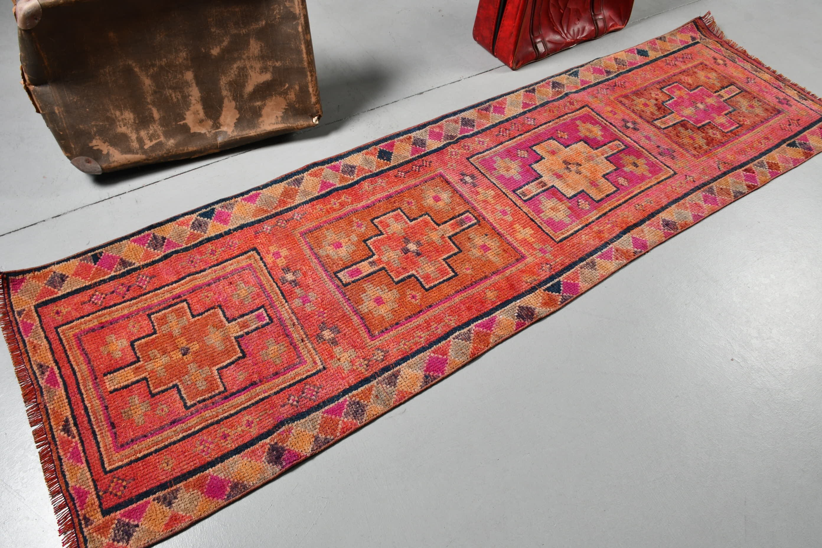 Koridor Halıları, Vintage Halı, Runner Halıları, Mutfak Halıları, Yer Halıları, Pembe Antika Halı, 2.5x8.6 ft Runner Halısı, Yatak Odası Halıları, Türk Halıları