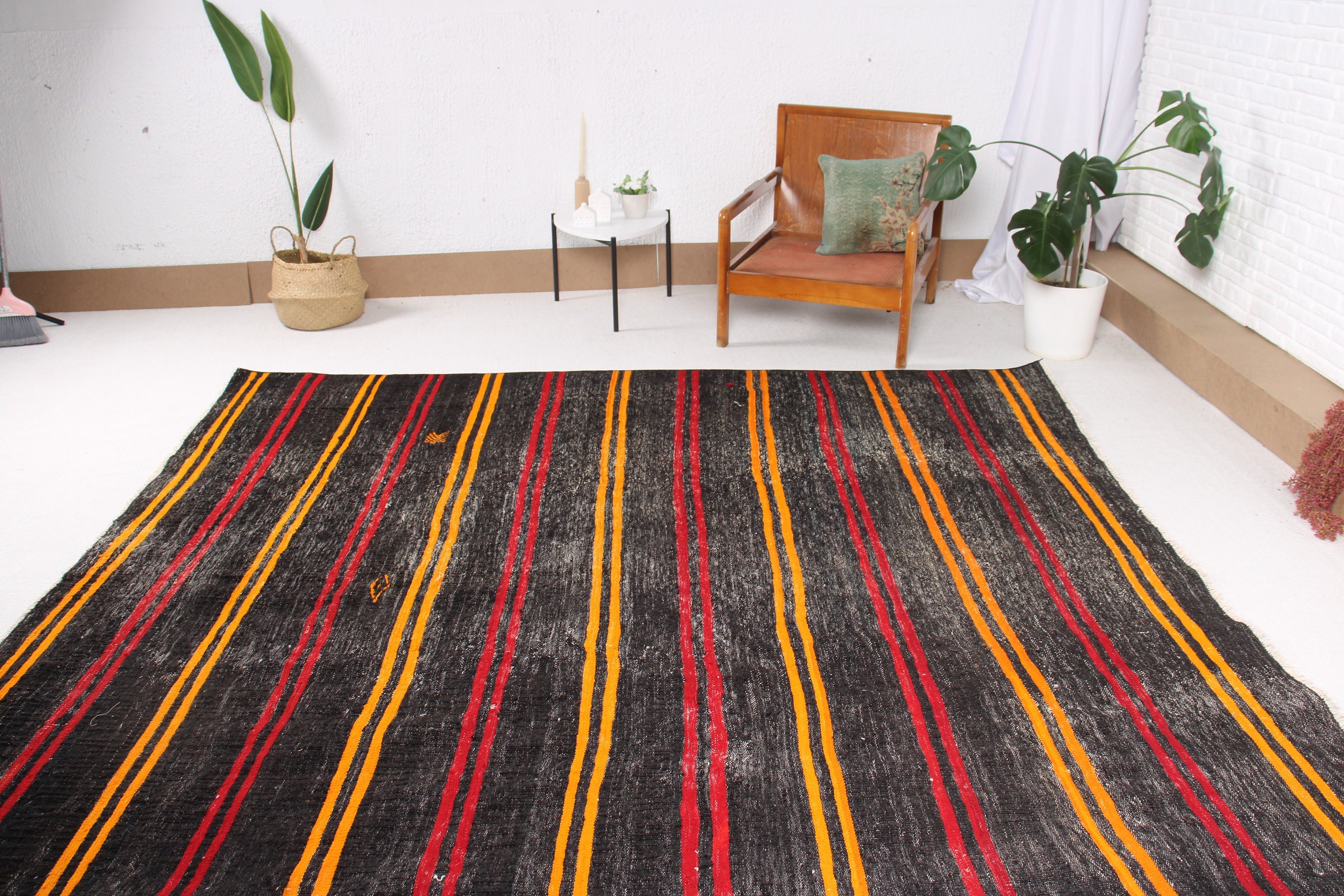 Siyah Geometrik Halı, Salon Halıları, Vintage Halı, Nötr Halı, Kilim, Türkiye Halısı, Türk Halısı, Oushak Halıları, 8.6x8.9 ft Büyük Boy Halı, Salon Halısı