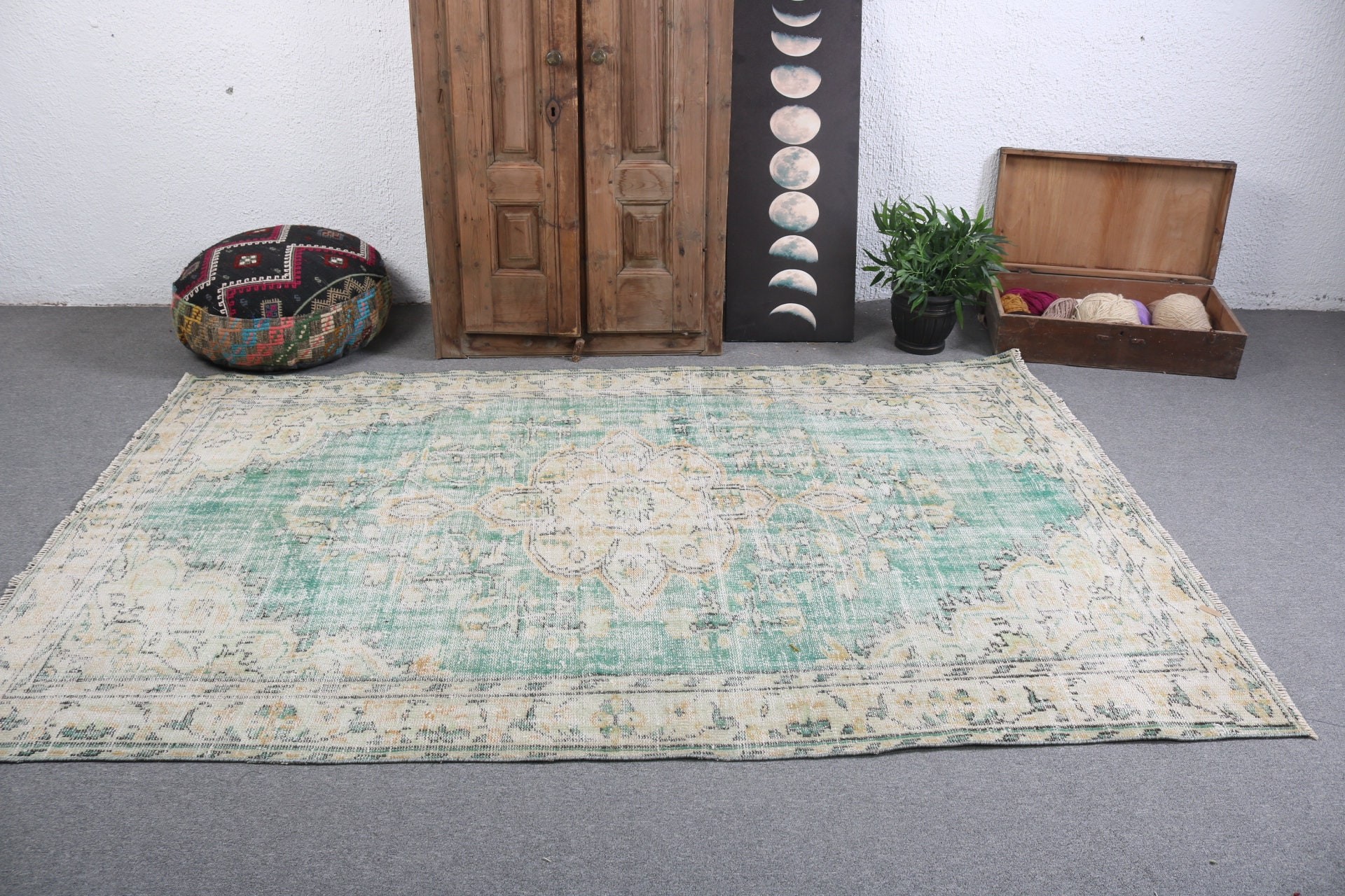 Floor Rugs, Vintage Rug, Green Antique Rug, Anatolian Rugs, Handmade Rugs, Bedroom Rug, Large Boho Rugs, 5.2x8.2 ft Large Rug, Turkish Rugs