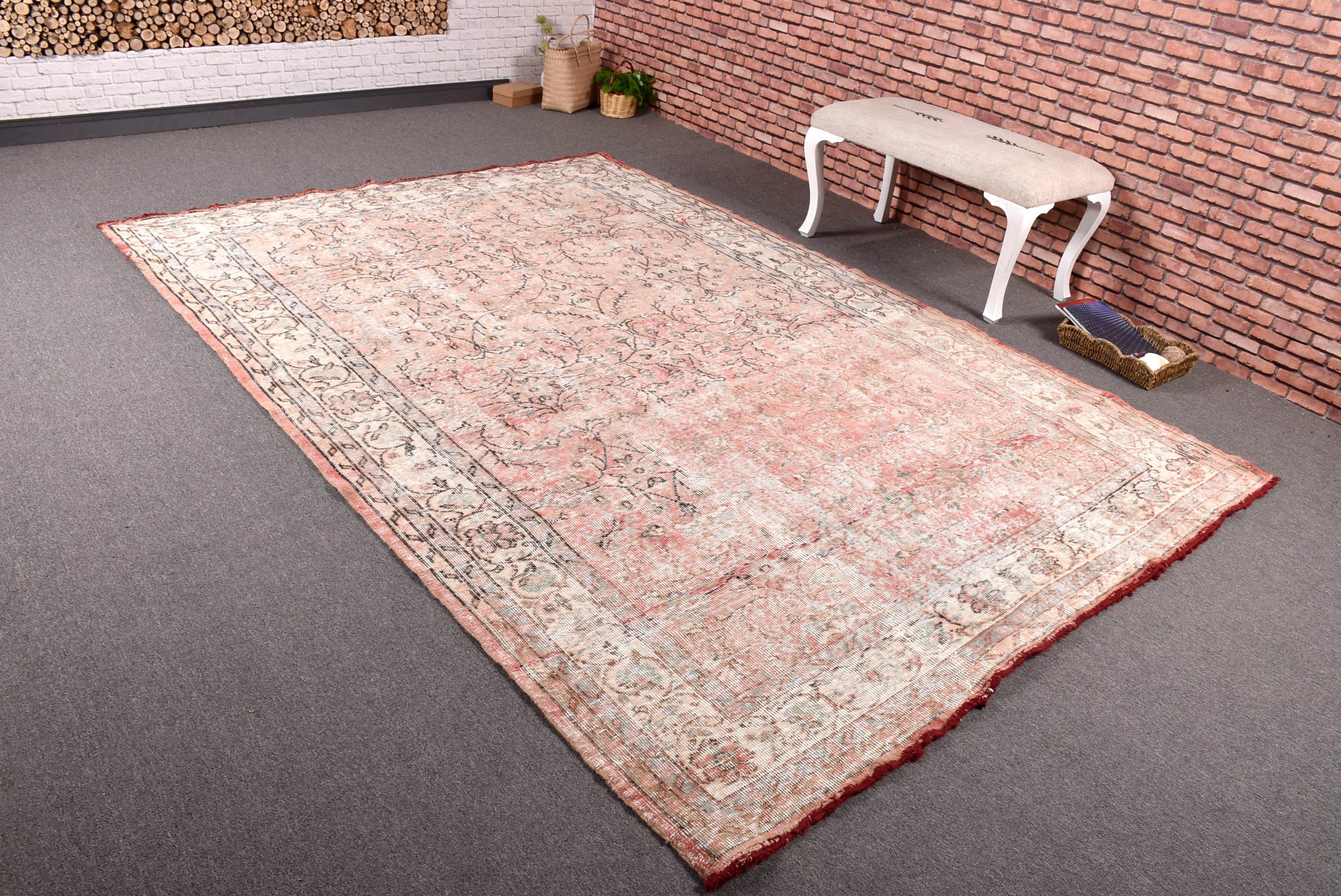 Büyük Oushak Halı, Vintage Halılar, Türk Halıları, Yün Halılar, Bej Boho Halı, Boho Halılar, Yemek Odası Halısı, 6,5x9,6 ft Büyük Halılar, Modern Halılar