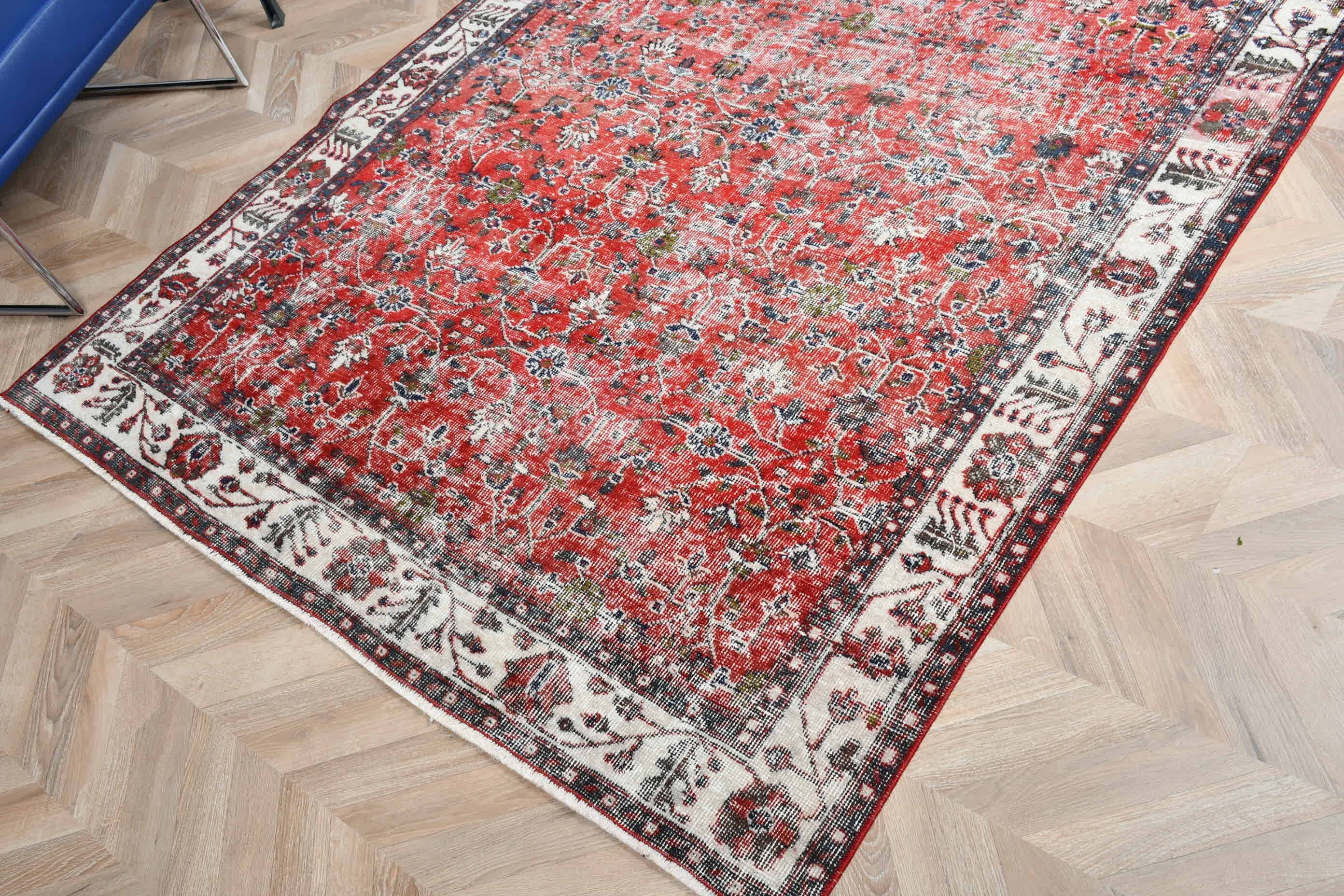 Kırmızı Yün Halı, Oturma Odası Halıları, Vintage Halı, 5.4x9.2 ft Büyük Halı, Salon Halısı, Türk Halıları, Yün Halı, Oturma Odası Halısı, Yatak Odası Halısı