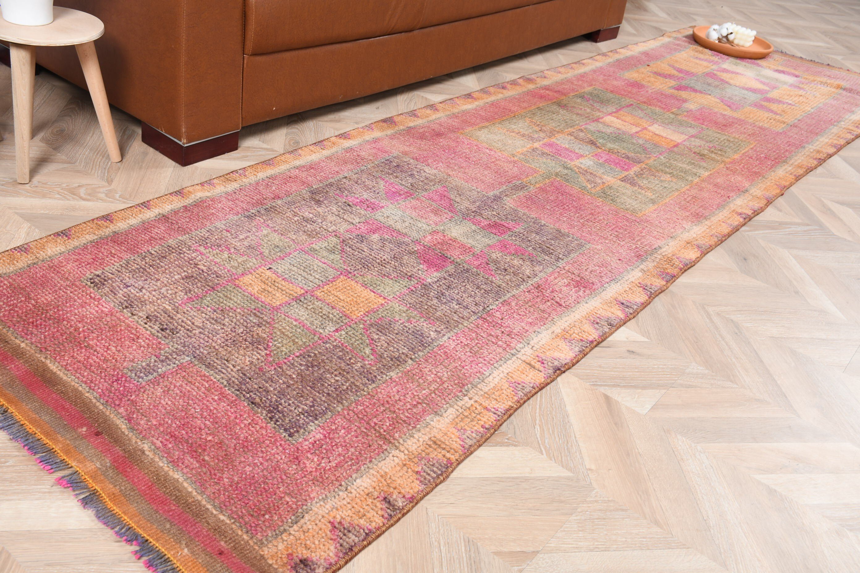 Antique Rug, 2.7x10.4 ft Runner Rug, Bright Rug, Rugs for Corridor, Pink Floor Rugs, Corridor Rugs, Vintage Rug, Oushak Rugs, Turkish Rug