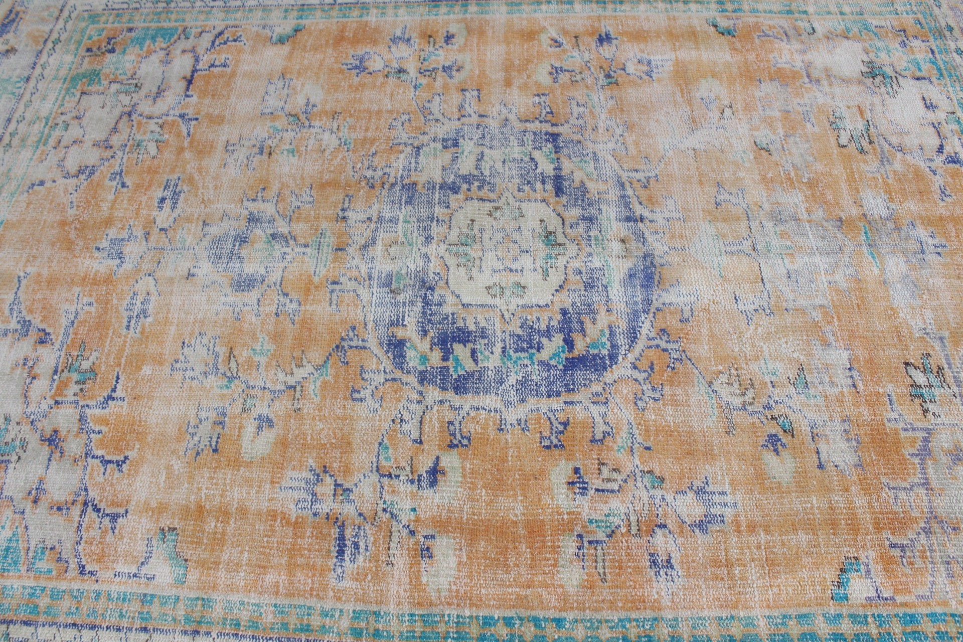 Vintage Halı, Yatak Odası Halısı, Eski Halılar, Yer Halısı, 6.4x7.5 ft Büyük Halı, Turuncu Oushak Halıları, Anadolu Halısı, Türk Halısı, Yemek Odası Halıları