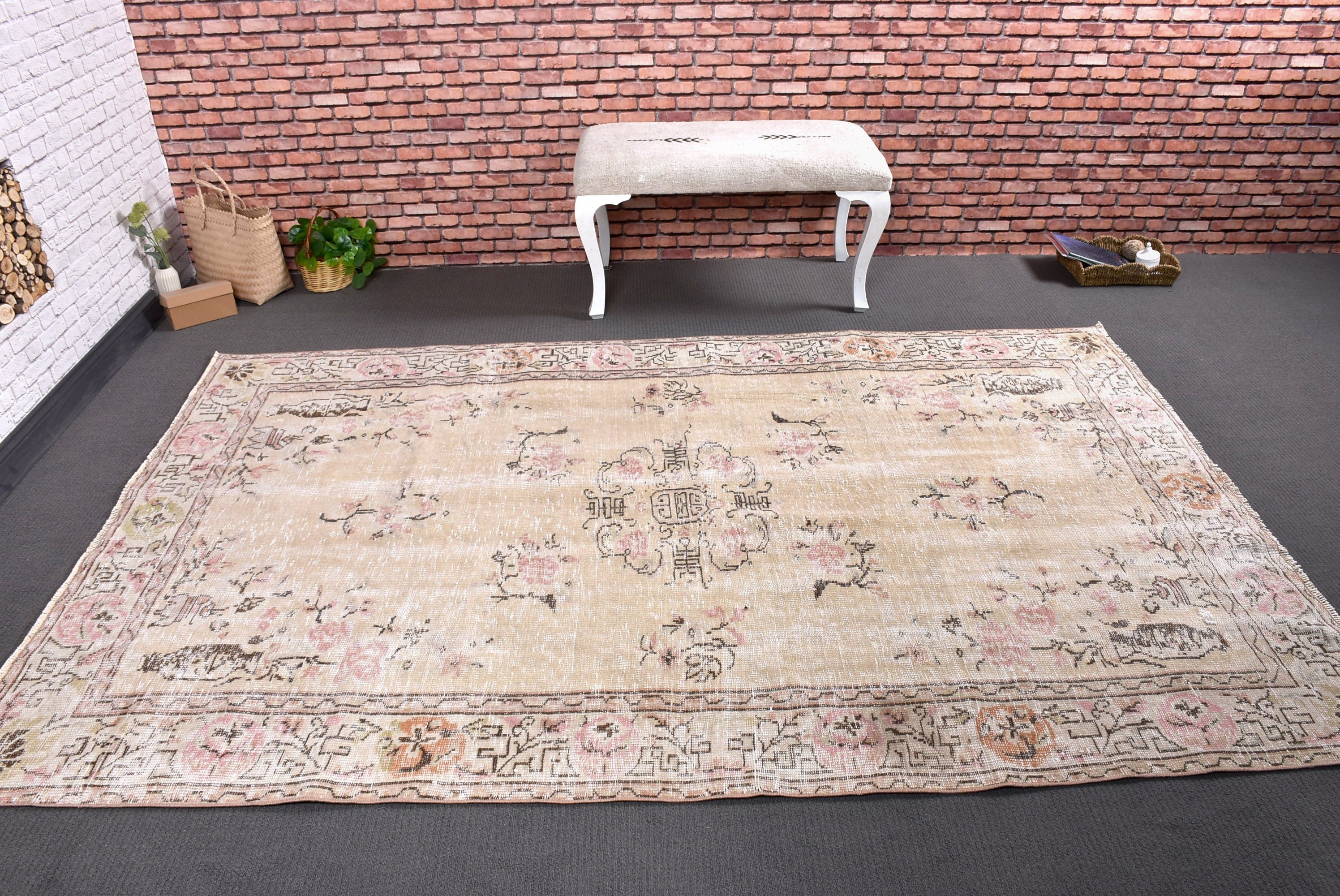 Modern Halı, Vintage Halı, 5.5x8.6 ft Büyük Halı, Bej Boho Halı, Yemek Odası Halıları, Türk Halısı, Antika Halılar, Açıklama Halısı, Salon Halısı