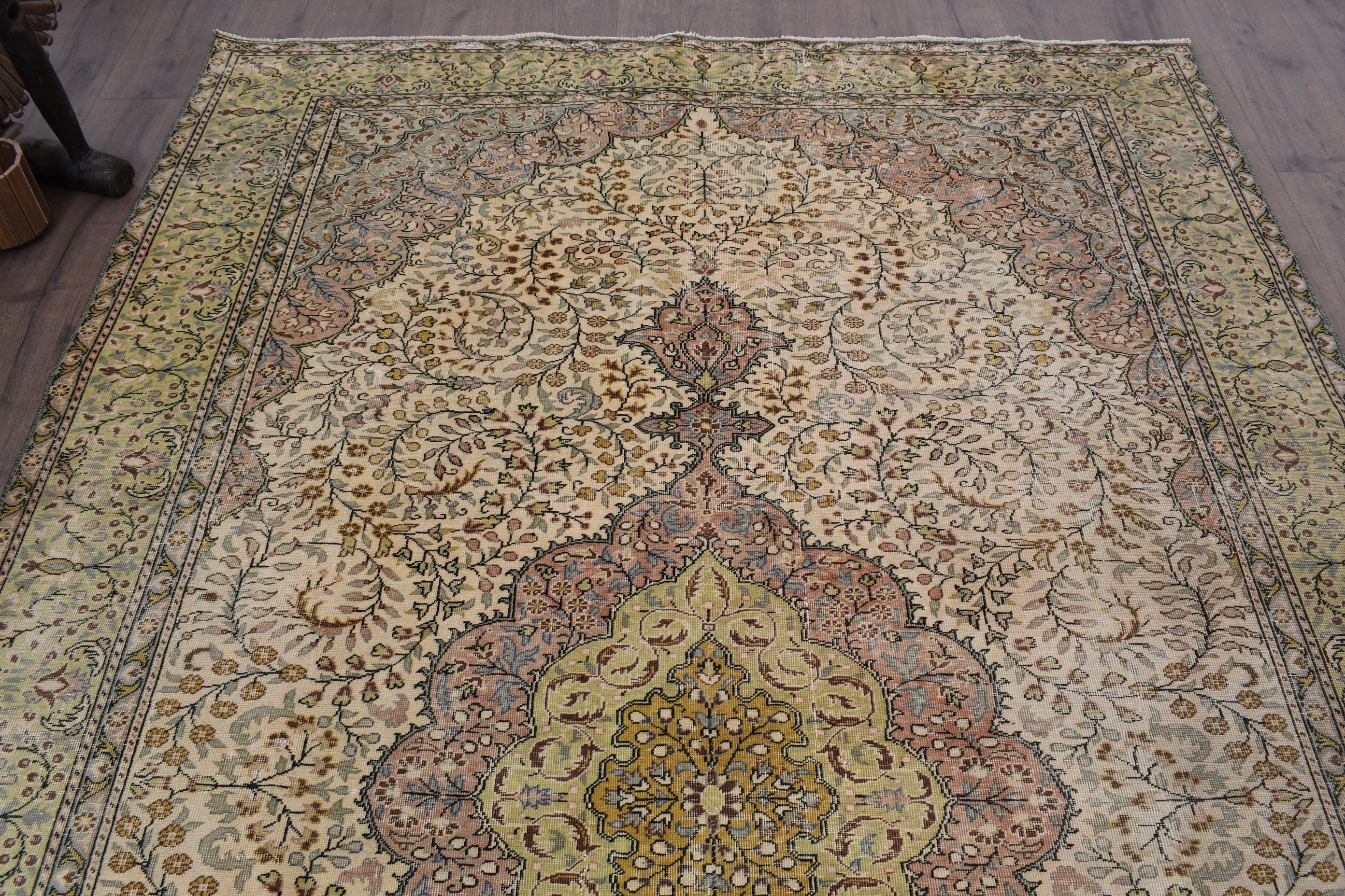 Yer Halıları, Vintage Halılar, 6.3x9.6 ft Büyük Halı, Bej Yer Halıları, Parlak Halı, Türk Halıları, Oushak Halıları, Salon Halısı, Yemek Odası Halıları