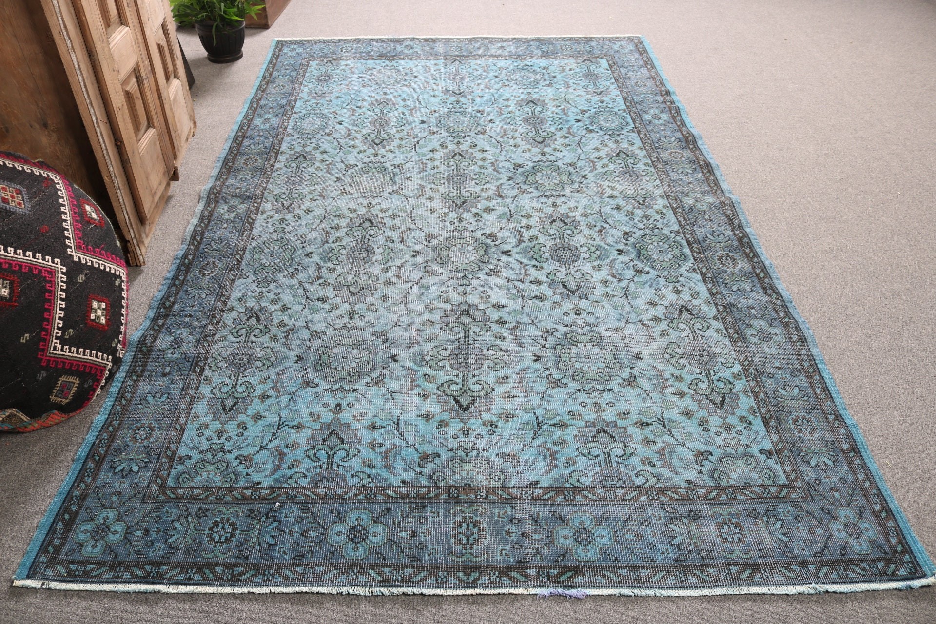 Türk Halıları, Yemek Odası Halısı, 5.8x9 ft Büyük Halı, Düz Dokuma Halılar, Mutfak Halısı, Mavi Mutfak Halısı, Büyük Vintage Halılar, Vintage Halılar