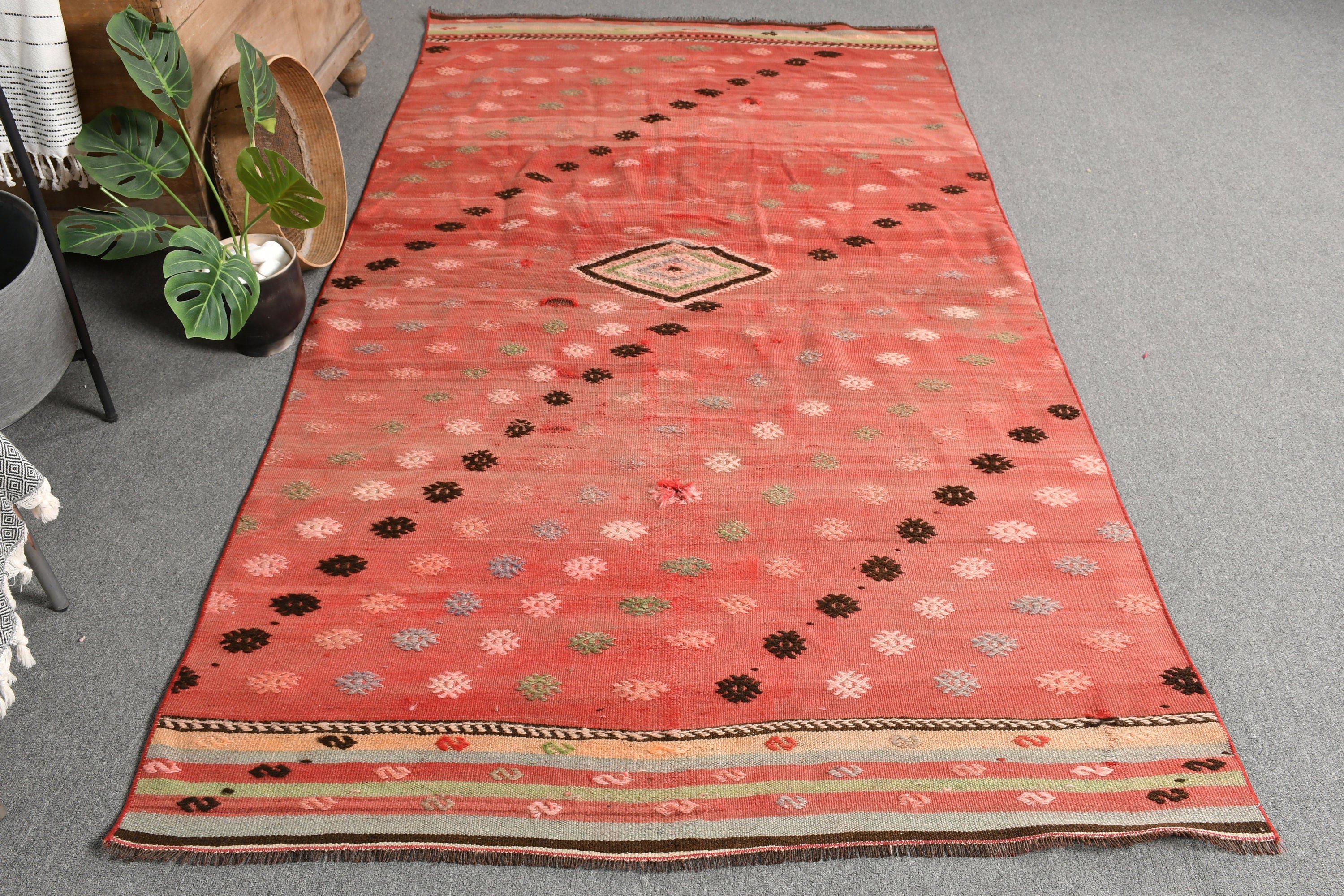 Eski Halı, Oushak Halı, Kırmızı Oryantal Halı, Vintage Halı, Kilim, Mutfak Halıları, Çocuk Halısı, Anadolu Halısı, Türk Halısı, 4,4x8,6 ft Alan Kilimi