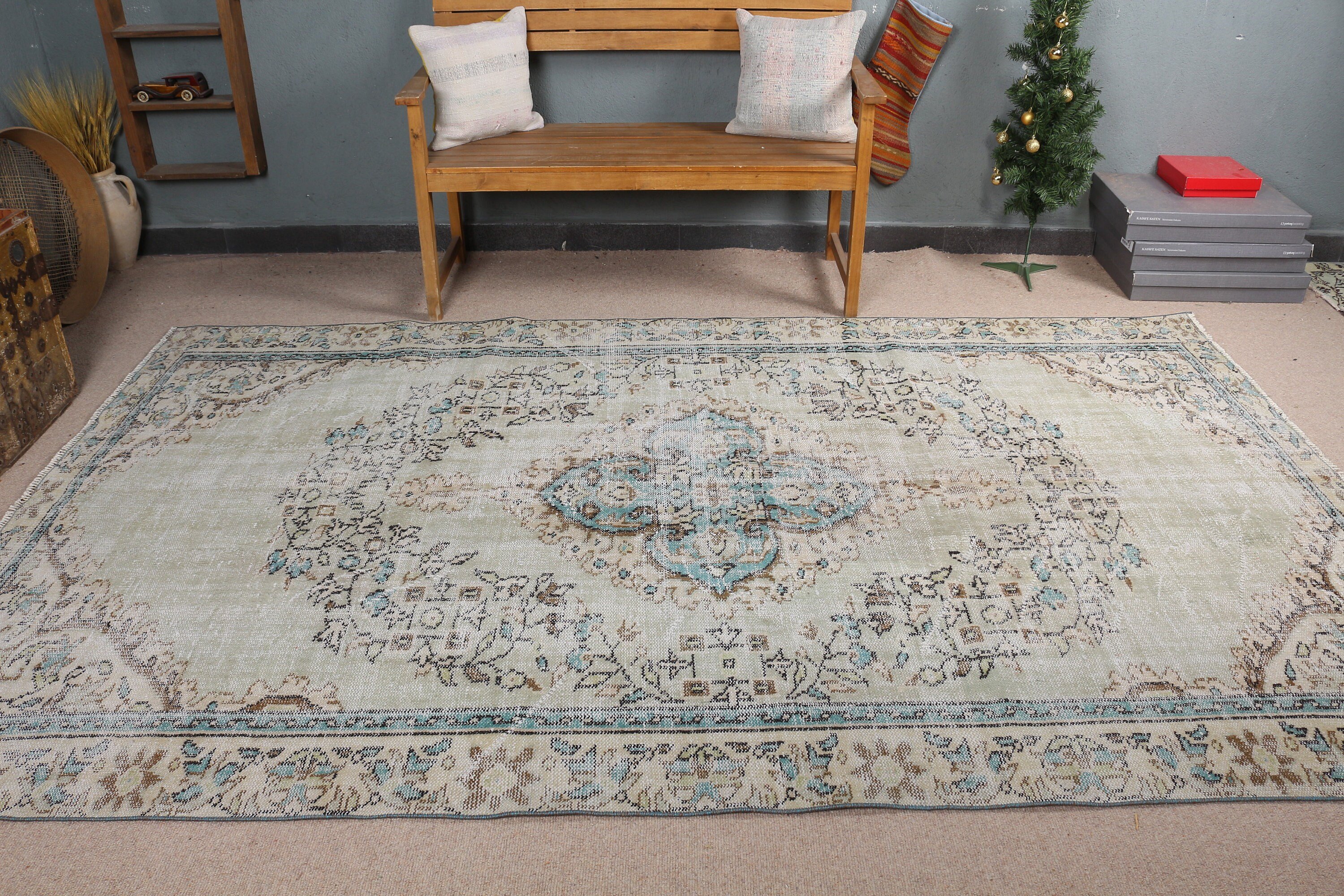 Salon Rug, Dining Room Rug, Kitchen Rug, Turkish Rugs, Pale Rug, Green Oushak Rug, 5.9x9.7 ft Large Rugs, Vintage Rug