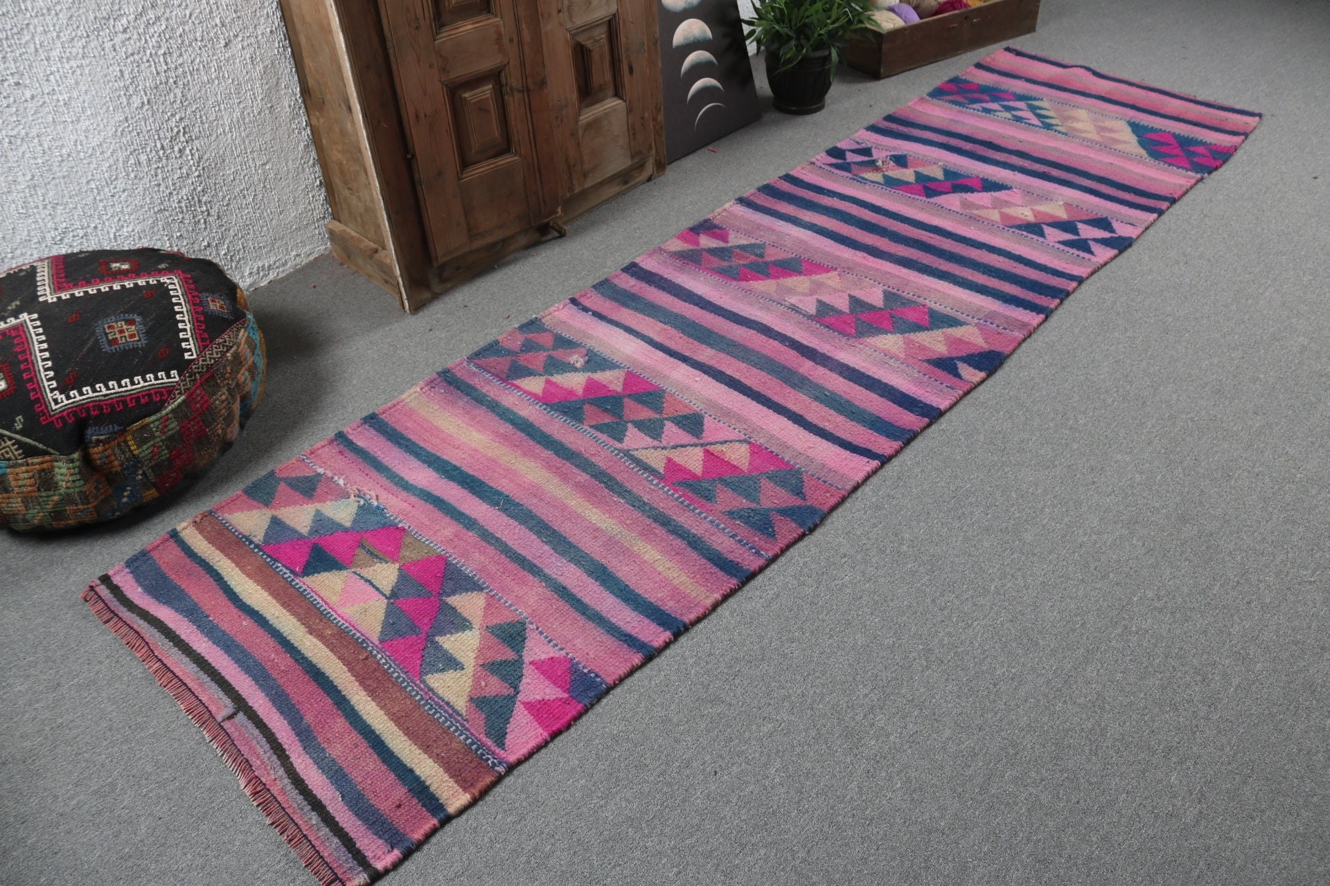 Antique Rug, Turkish Rugs, Rugs for Runner, Aesthetic Rugs, Stair Rugs, 2.7x10.2 ft Runner Rug, Pink Wool Rugs, Vintage Rug, Geometric Rug