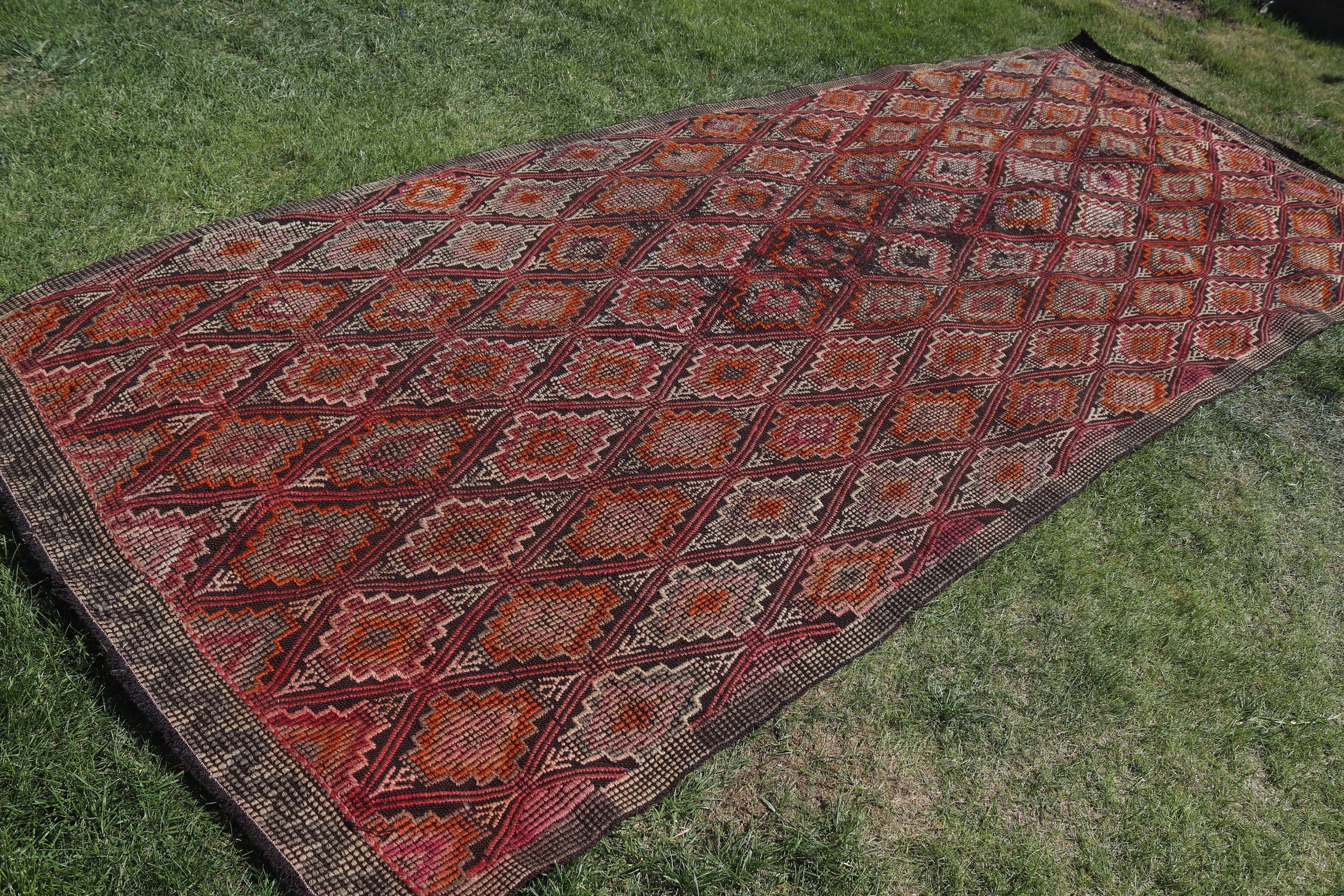 Salon Halısı, Kilim, Pembe Geometrik Halı, Mutfak Halıları, Türk Halıları, Vintage Halılar, Büyük Boho Halıları, Ev Dekorasyonu Halıları, 4,9x11,7 ft Büyük Halı