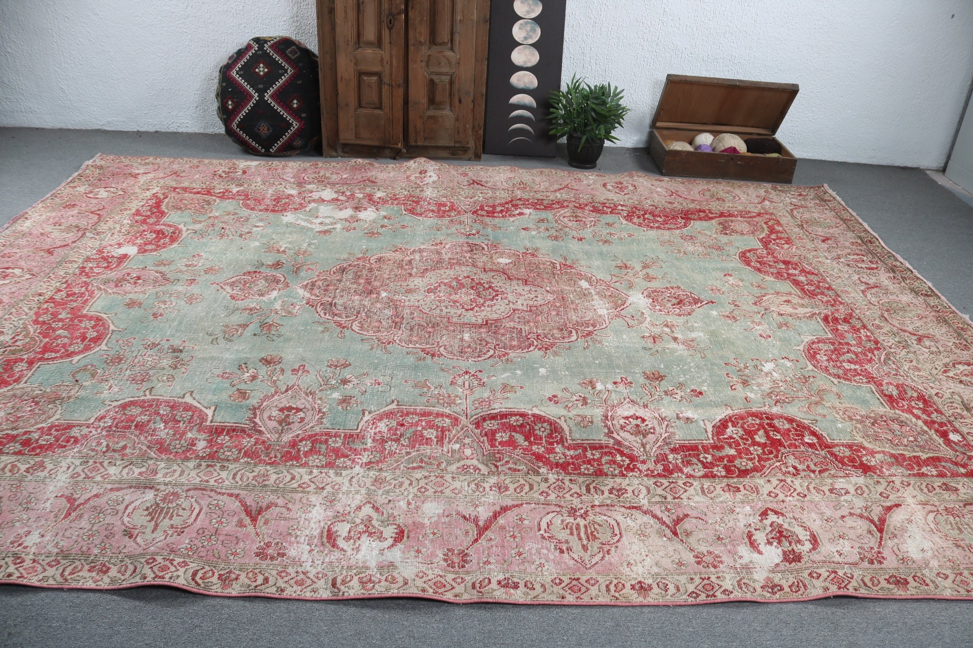 Kırmızı Oushak Halı, Modern Halı, Büyük Boy Vintage Halılar, Oturma Odası Halısı, Mutfak Halıları, Vintage Halılar, 9.6x13 ft Büyük Boy Halılar, Türk Halıları