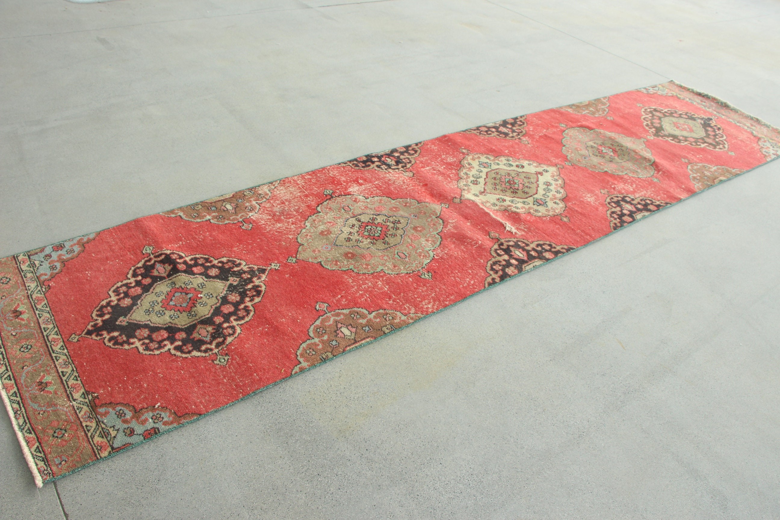 Boho Rug, Turkish Rugs, Cool Rugs, 3x12.5 ft Runner Rug, Vintage Rug, Red Neutral Rug, Rugs for Hallway, Kitchen Rug, Hallway Rugs