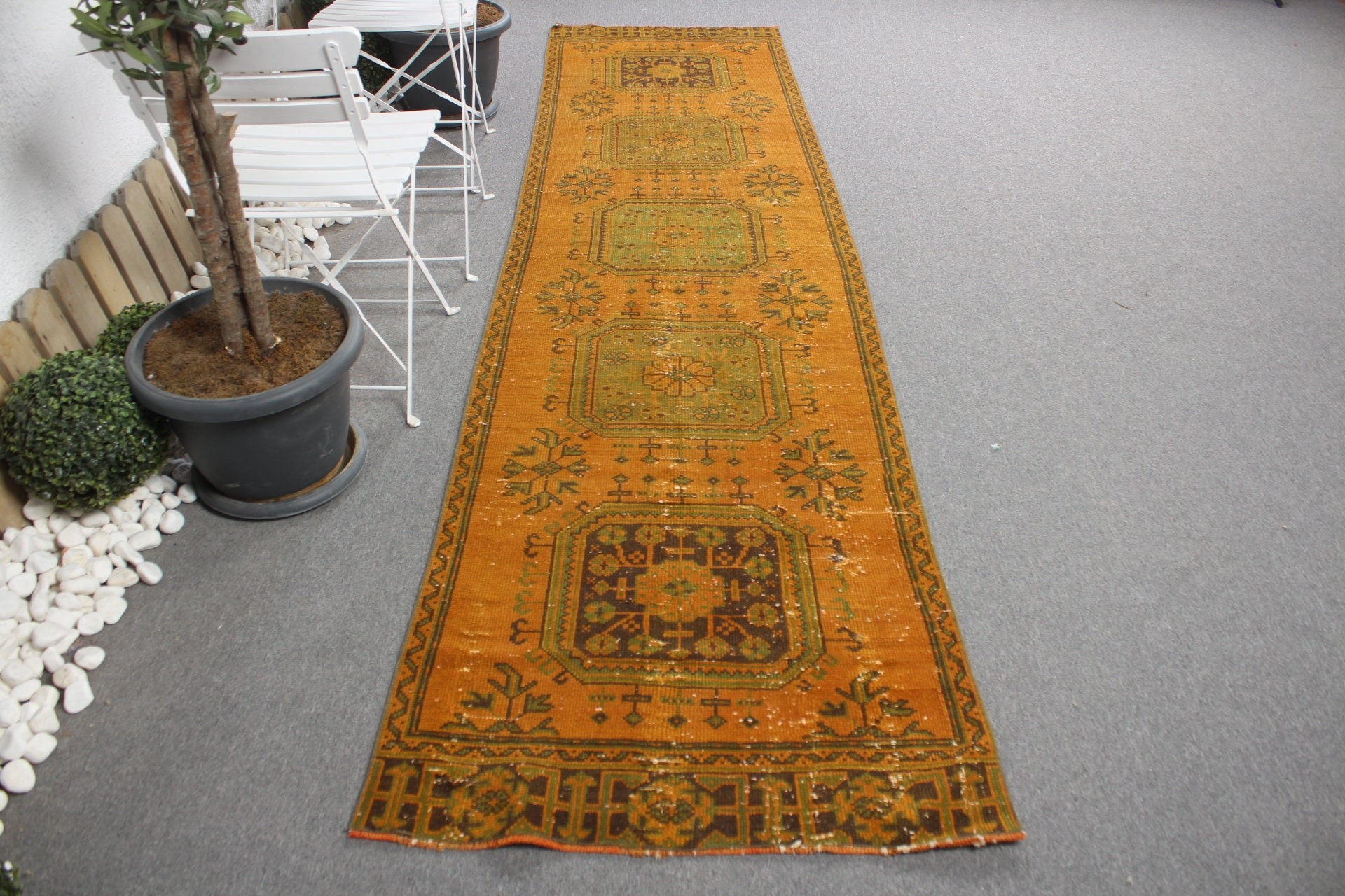 Türk Halıları, Vintage Halı, Turuncu 2.9x11.1 ft Runner Halısı, Aztek Halısı, Koridor Halısı, Merdiven Halıları, Yer Halısı, Ev Dekor Halısı