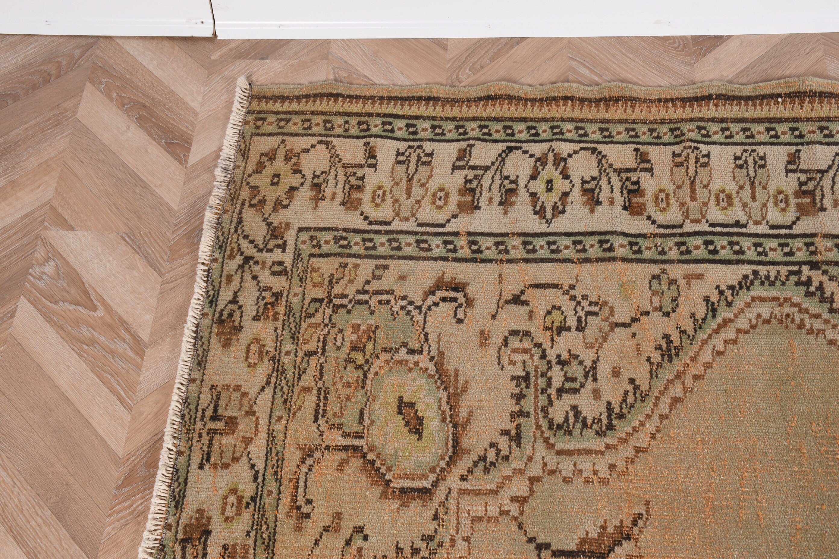 El Dokuma Halı, Yeşil Boho Halı, Vintage Halılar, Büyük Vintage Halılar, 6.3x8.4 ft Büyük Halı, Türk Halıları, Oturma Odası Halıları, Nötr Halı