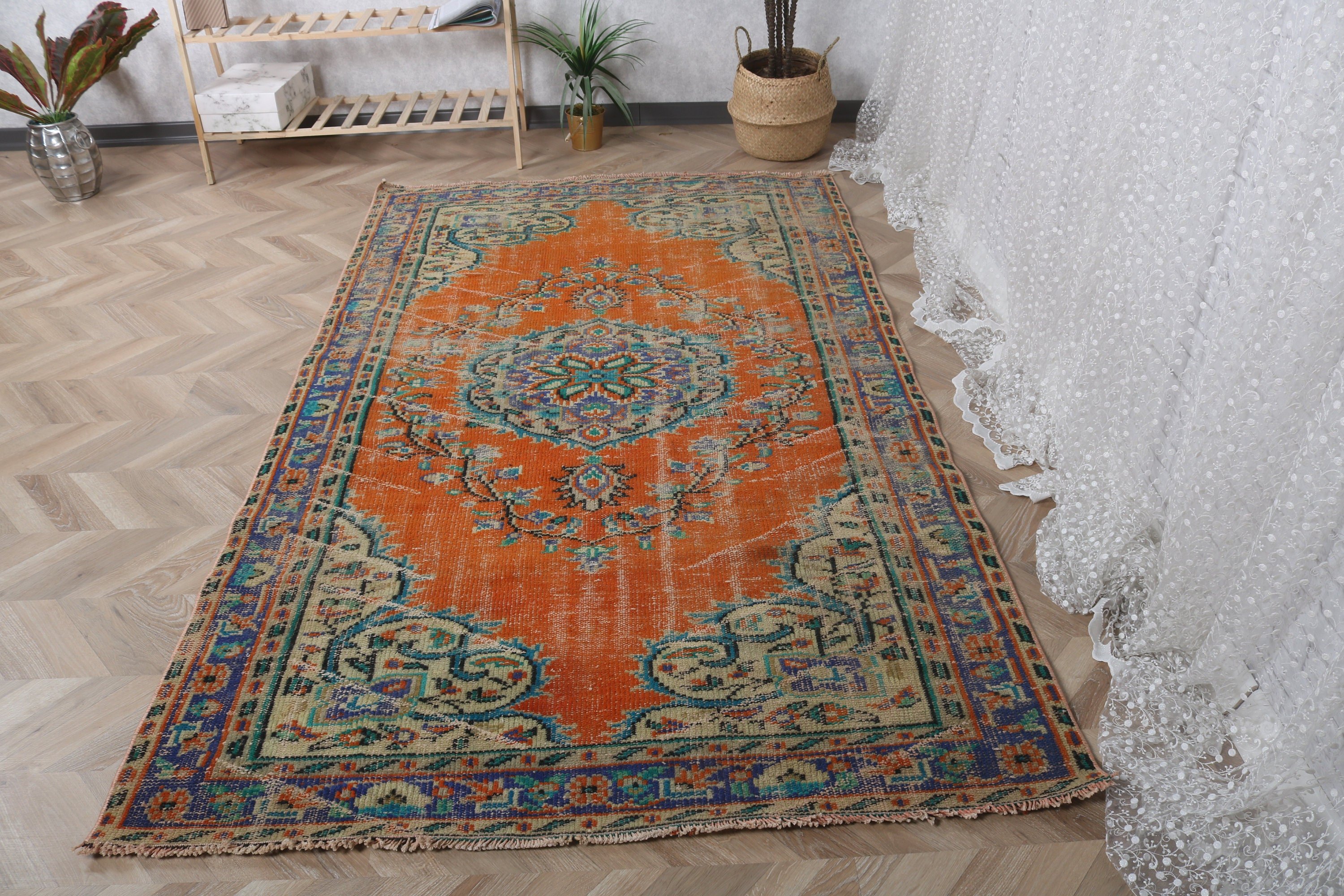 Yatak Odası Halısı, Yer Halısı, Vintage Halı, Türk Halısı, Turuncu 4.7x7.8 ft Alan Halısı, Oturma Odası Halıları, Oryantal Halı, Ev Dekorasyonu Halısı