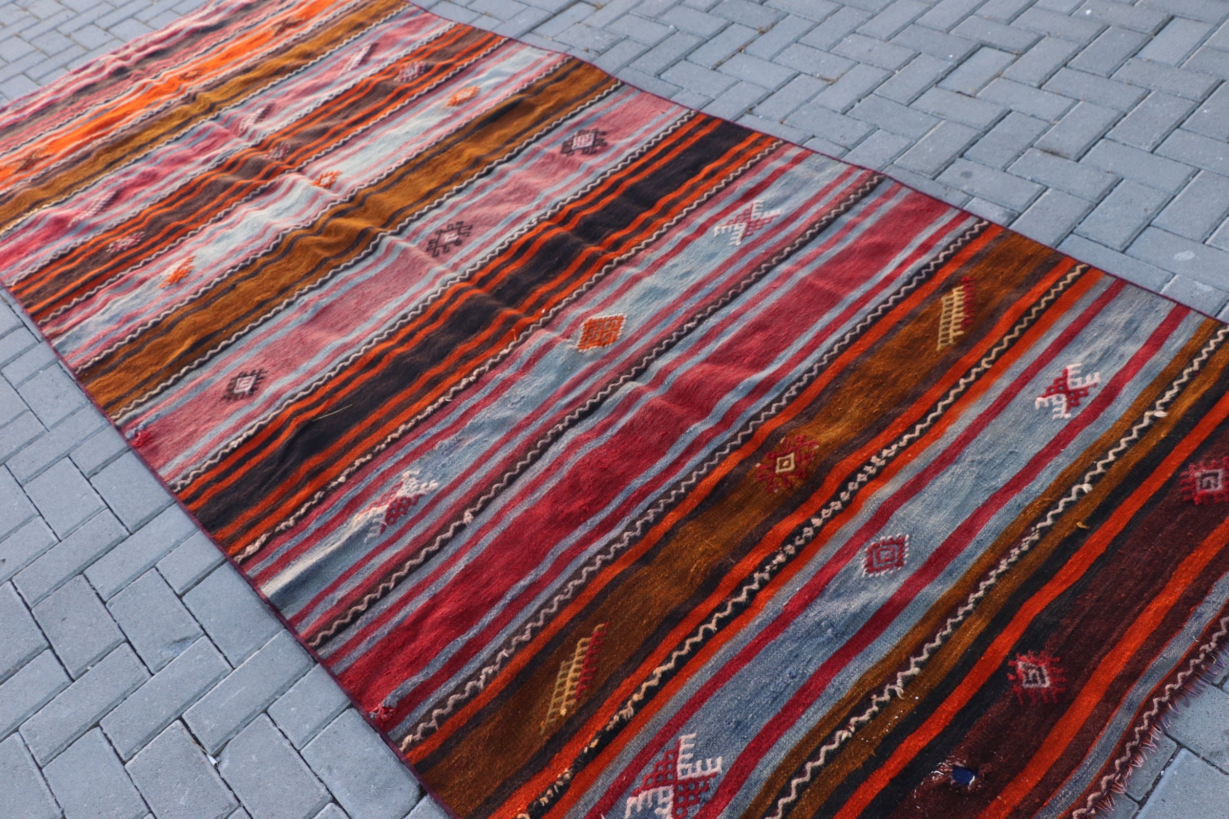 Muted Rug, Bedroom Rug, Dining Room Rug, Kilim, Oriental Rug, Cool Rug, Orange Wool Rugs, 4.8x11.1 ft Large Rugs, Turkish Rugs, Vintage Rug