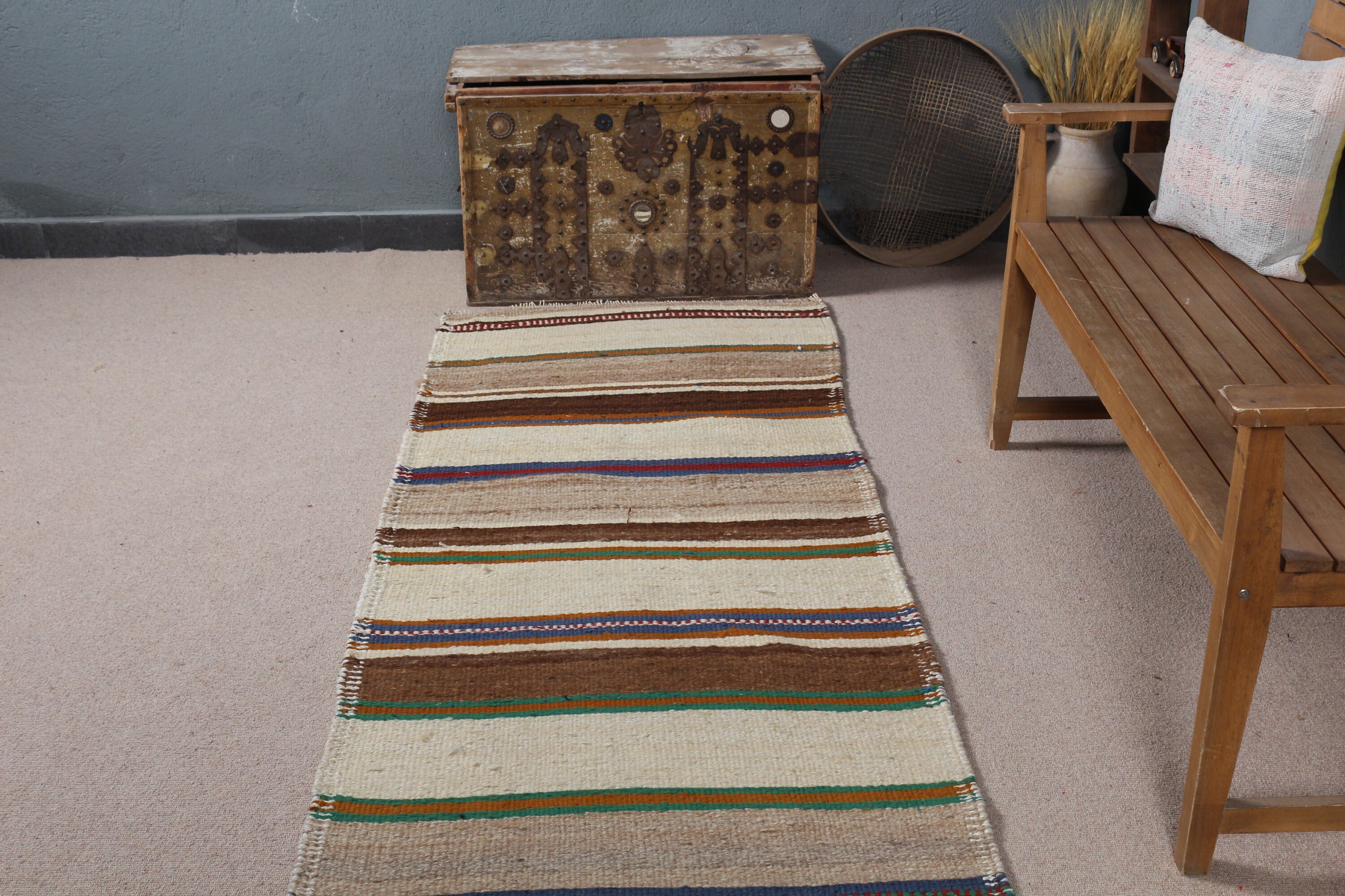 Beige  2.9x12.5 ft Runner Rug, Turkish Rug, Kitchen Rug, Antique Rug, Kilim, Vintage Rugs, Oriental Rugs, Rugs for Corridor
