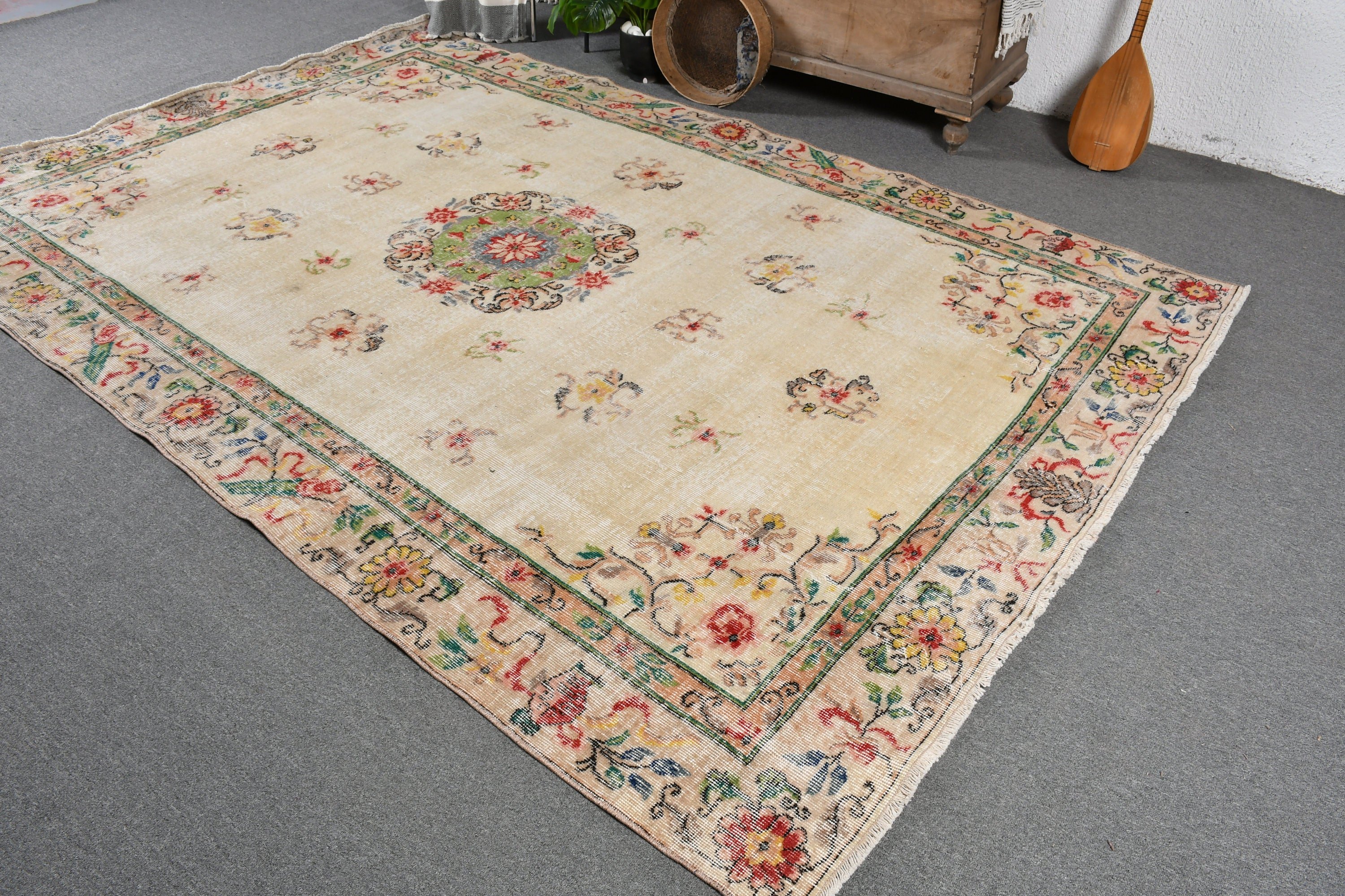 Antique Rug, Beige Antique Rugs, Salon Rugs, Dining Room Rugs, 6.6x9.8 ft Large Rug, Art Rugs, Turkish Rugs, Vintage Rug