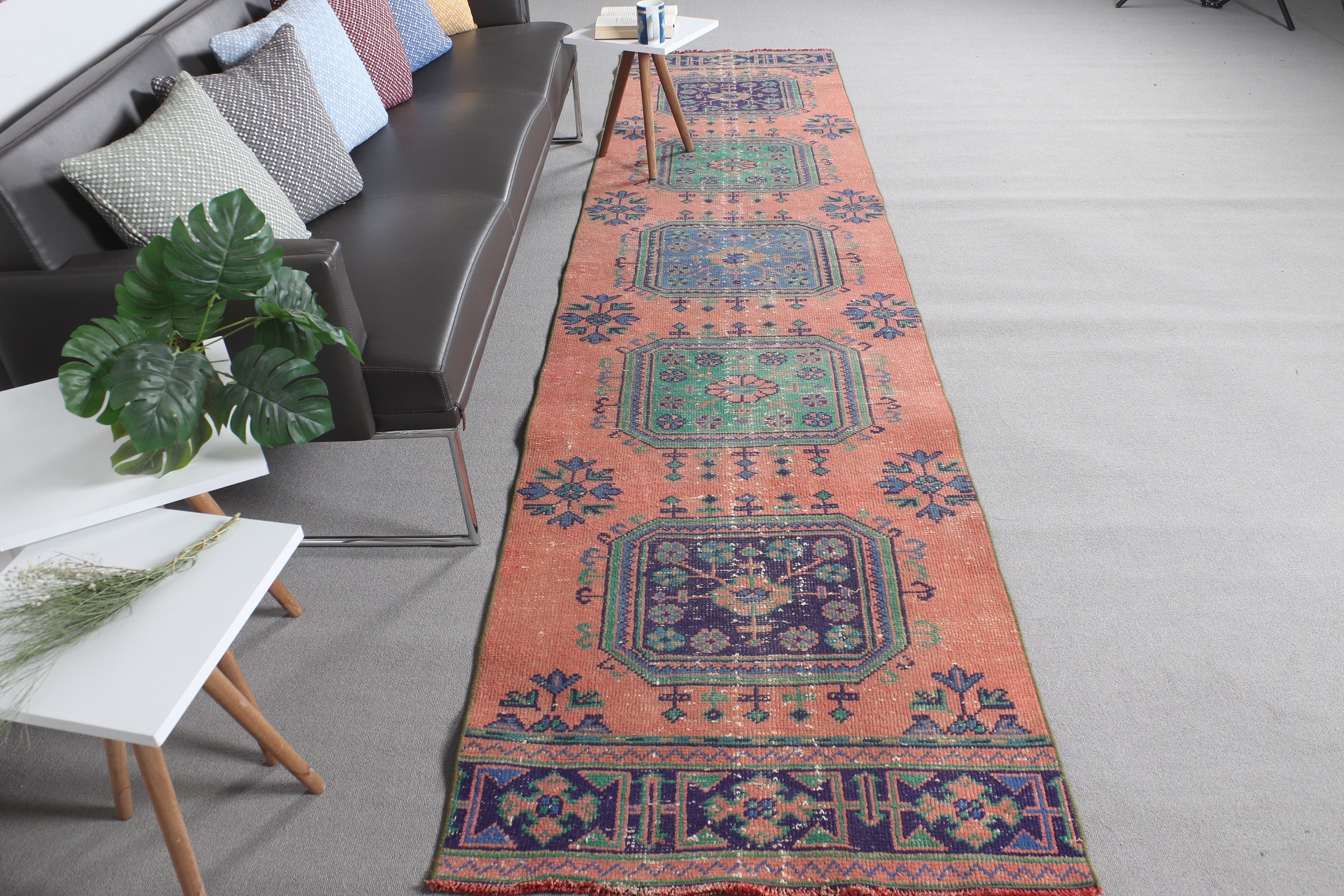 Vintage Halı, Kahverengi 2.7x11.8 ft Runner Halıları, Koridor Halısı, Türk Halıları, Ev Dekor Halısı, Koridor Halıları